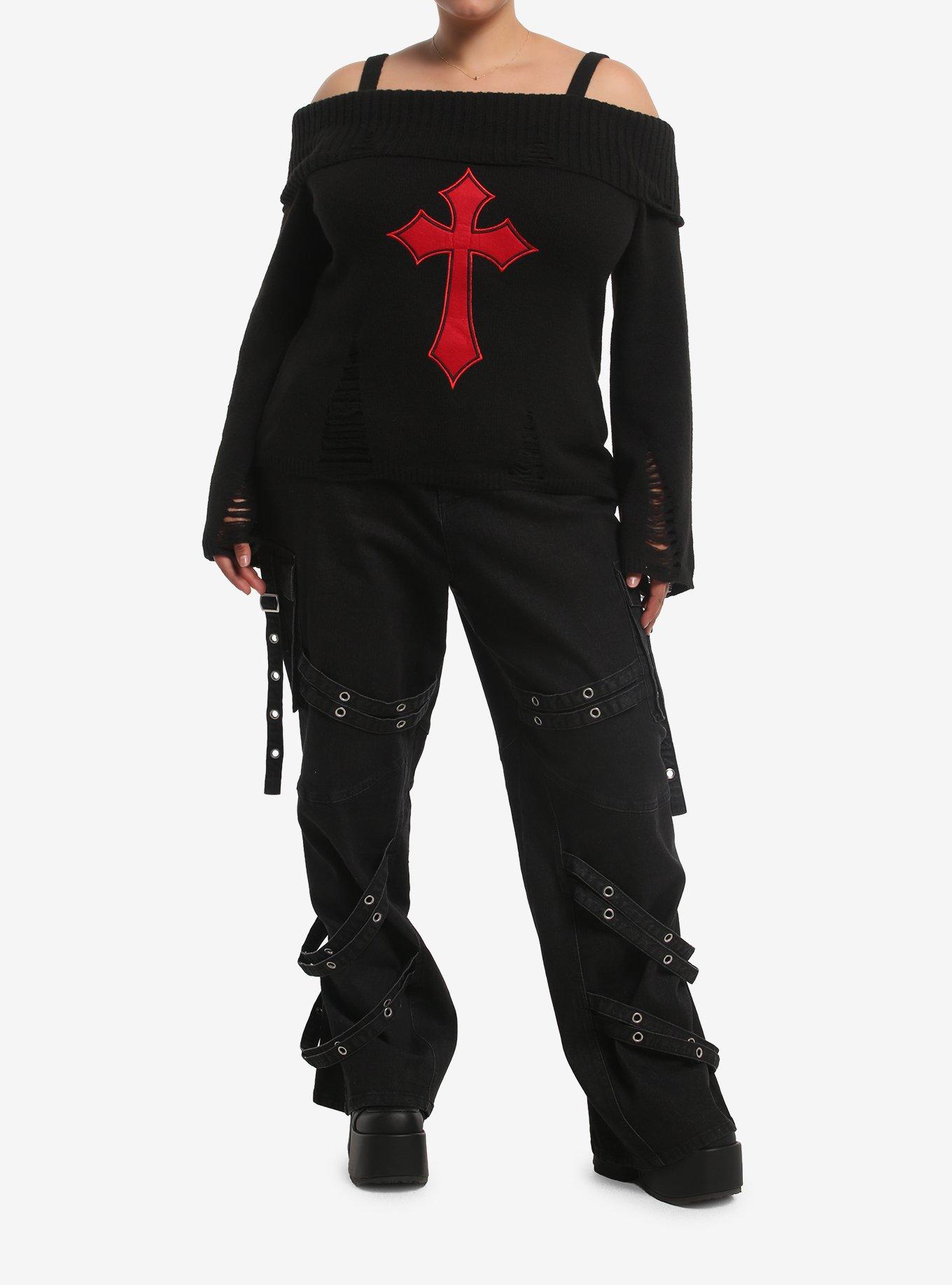 Social Collision Red Gothic Cross Girls Cold-Shoulder Sweater Plus Size, MULTI, alternate - view 2