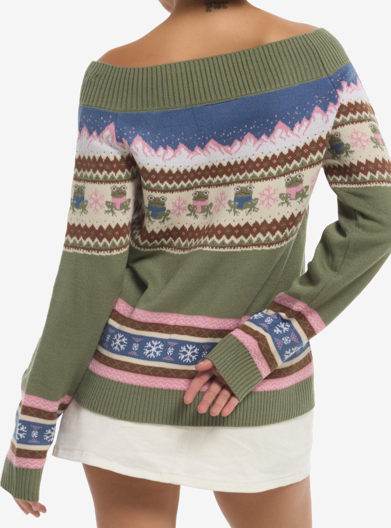 Thorn & Fable Frog Fair Isle Girls Off-Shoulder Crop Sweater, MULTI, alternate - view 3