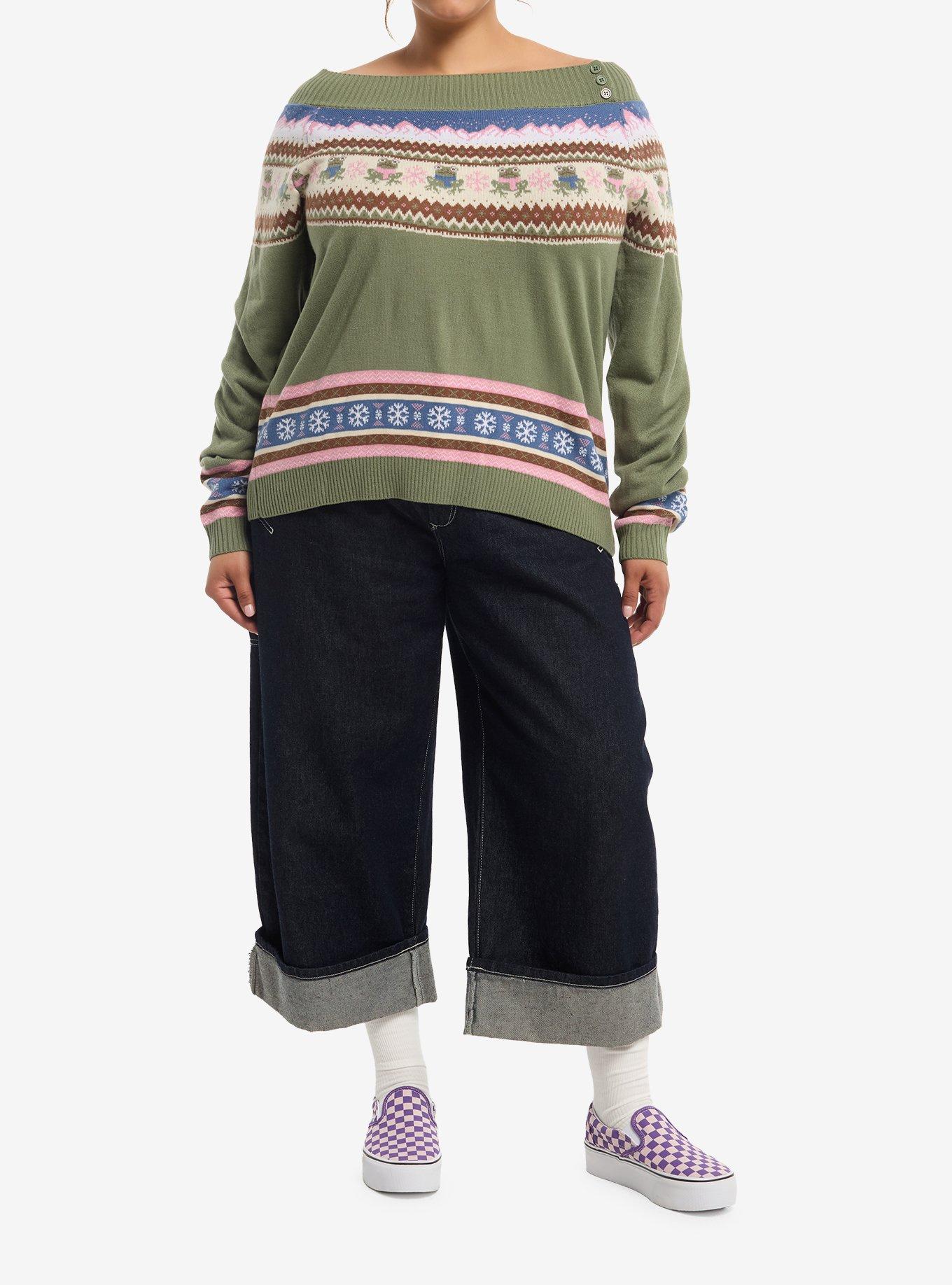 Thorn & Fable Frog Fair Isle Girls Off-Shoulder Crop Sweater Plus Size, MULTI, alternate - view 2