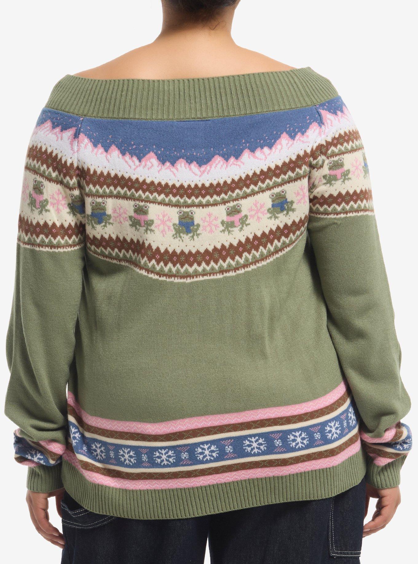 Thorn & Fable Frog Fair Isle Girls Off-Shoulder Crop Sweater Plus Size, MULTI, alternate - view 3