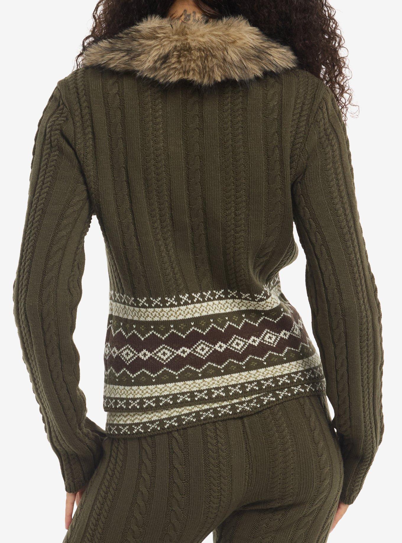 Thorn & Fable Olive Fur Collar Girls Cable Knit Sweater, MULTI, alternate - view 2