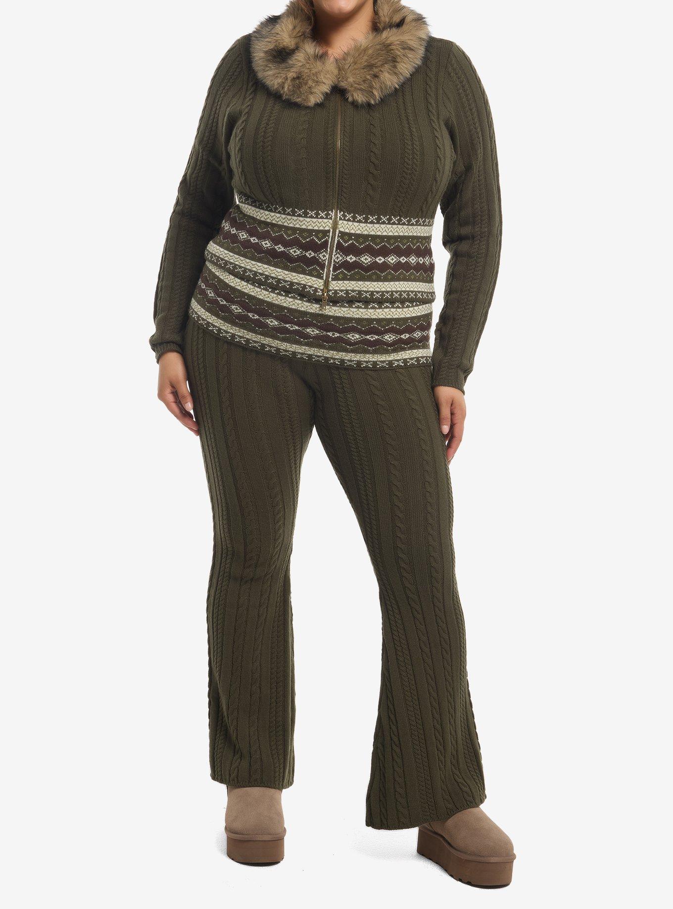 Thorn & Fable Olive Fur Collar Girls Cable Knit Sweater Plus Size, MULTI, alternate - view 2