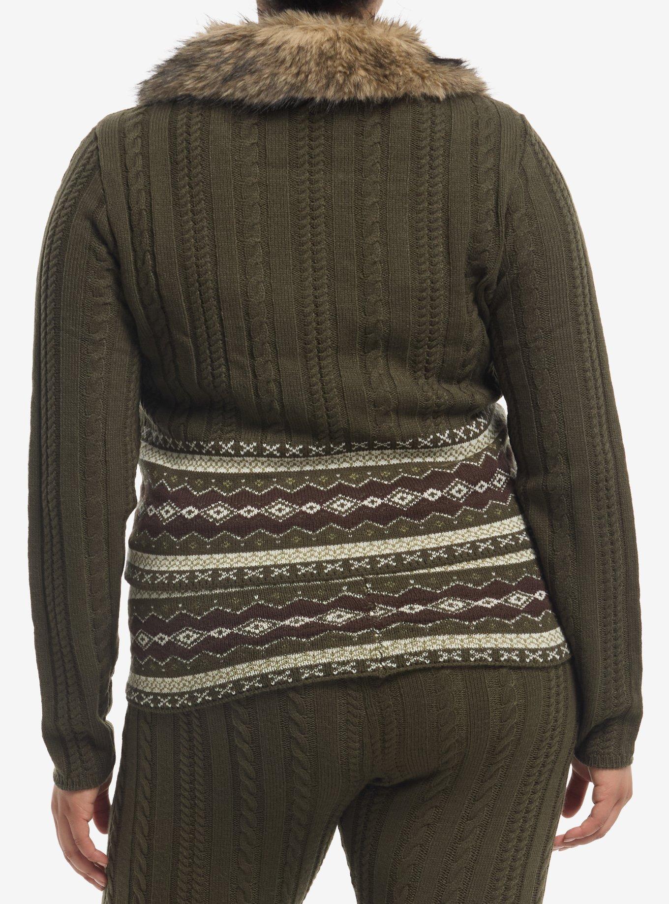 Thorn & Fable Olive Fur Collar Girls Cable Knit Sweater Plus Size, MULTI, alternate - view 3