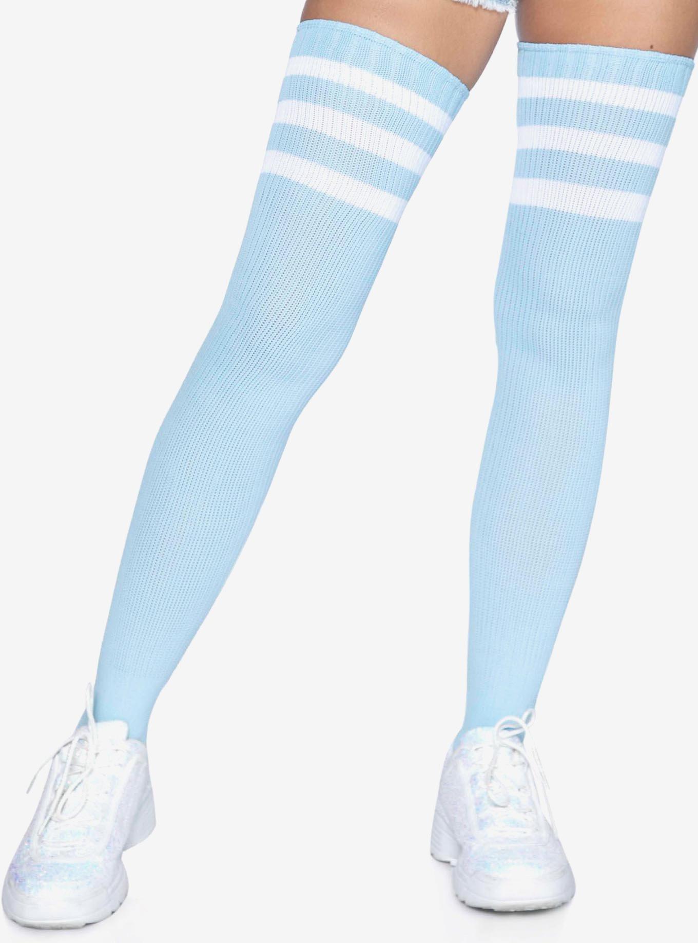 3 Stripes Athletic Ribbed Thigh Highs Blue, , hi-res