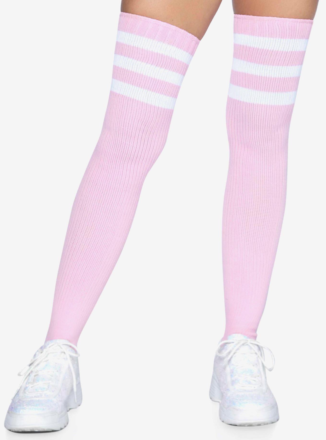 3 Stripes Athletic Ribbed Thigh Highs Pink, , hi-res