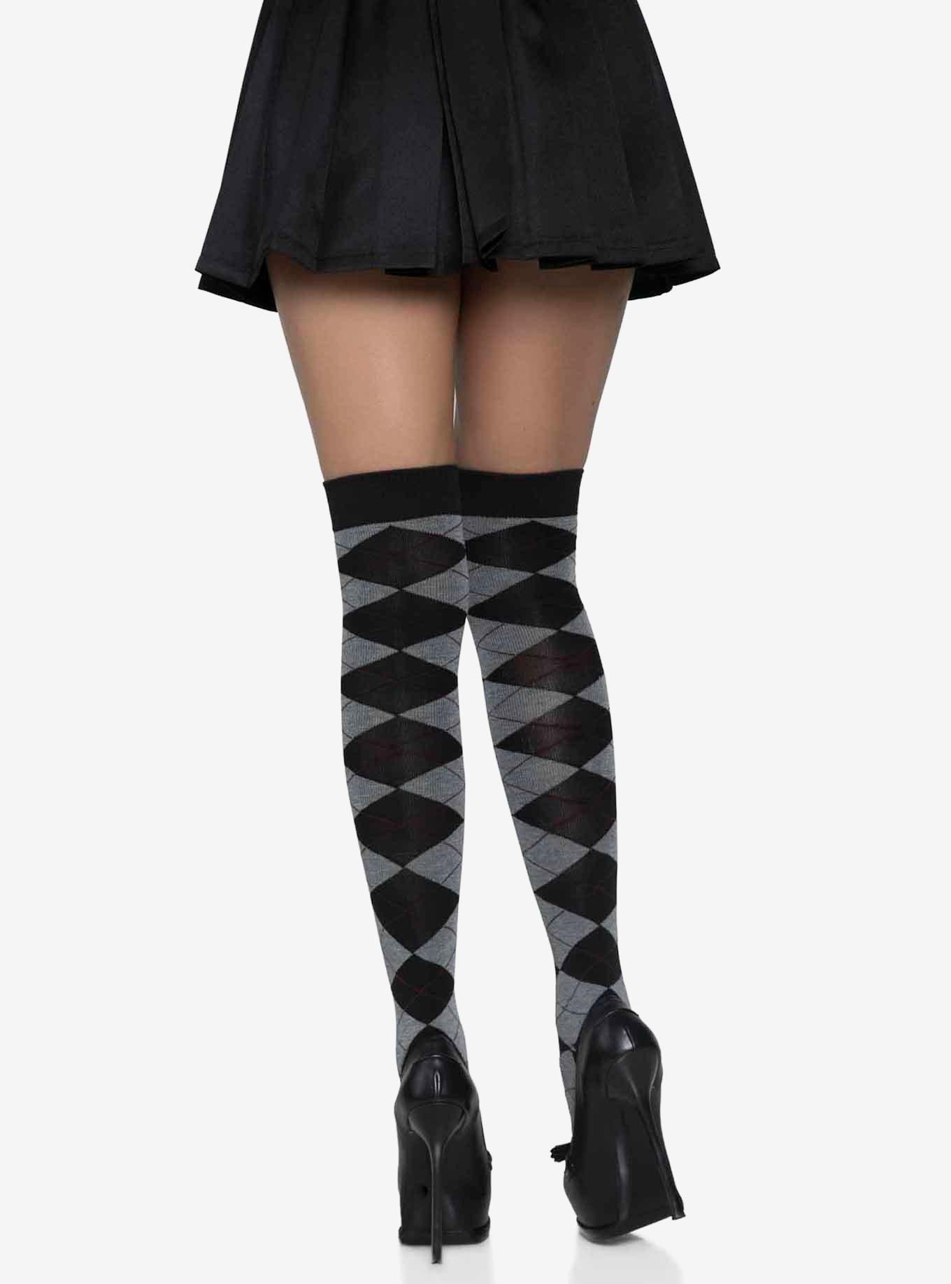 Argyle Knit Over The Knee Socks Black, , hi-res