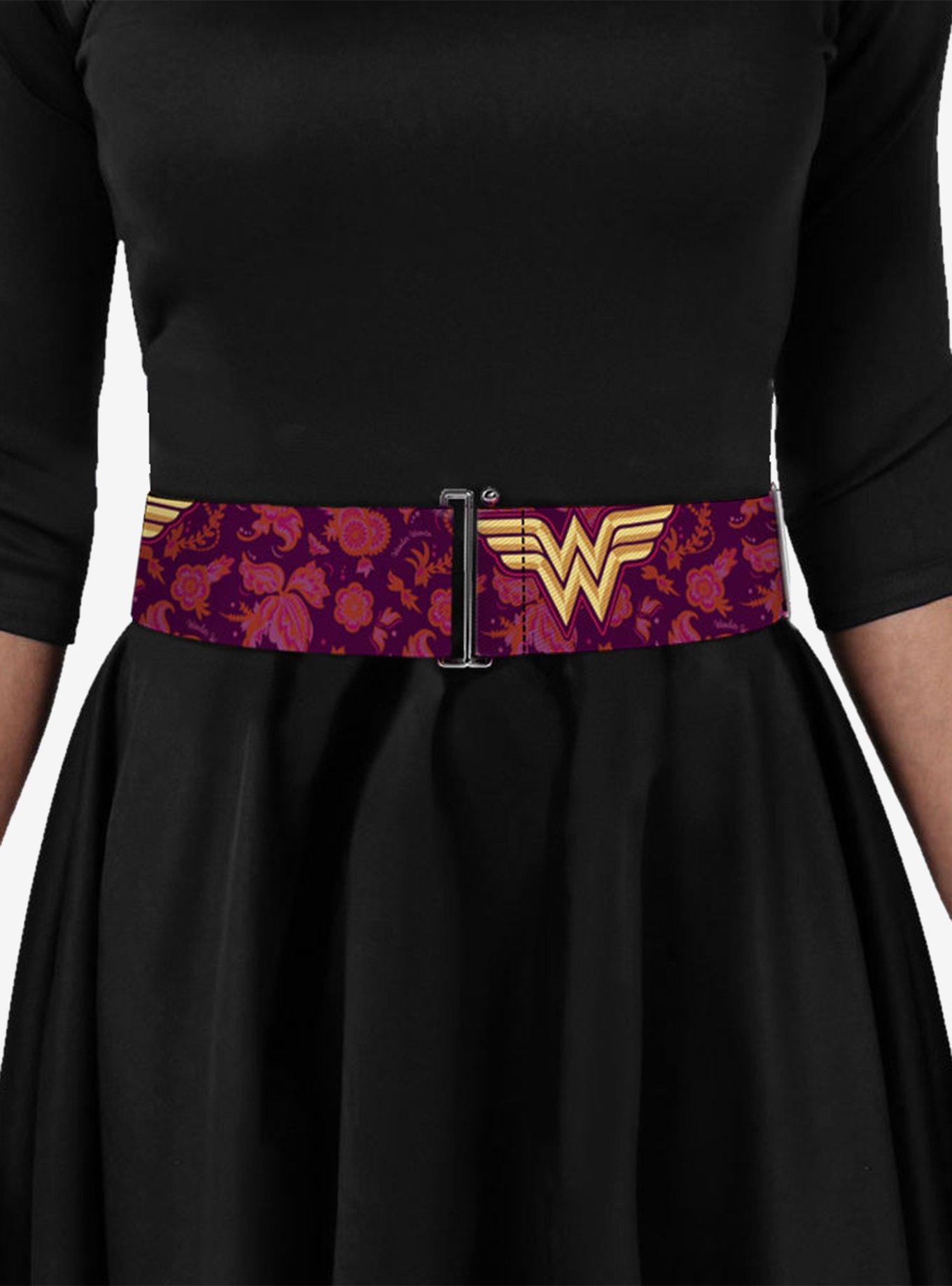 DC Comics Wonder Woman Logo Floral Collage Cinch Belt, PURPLE, alternate