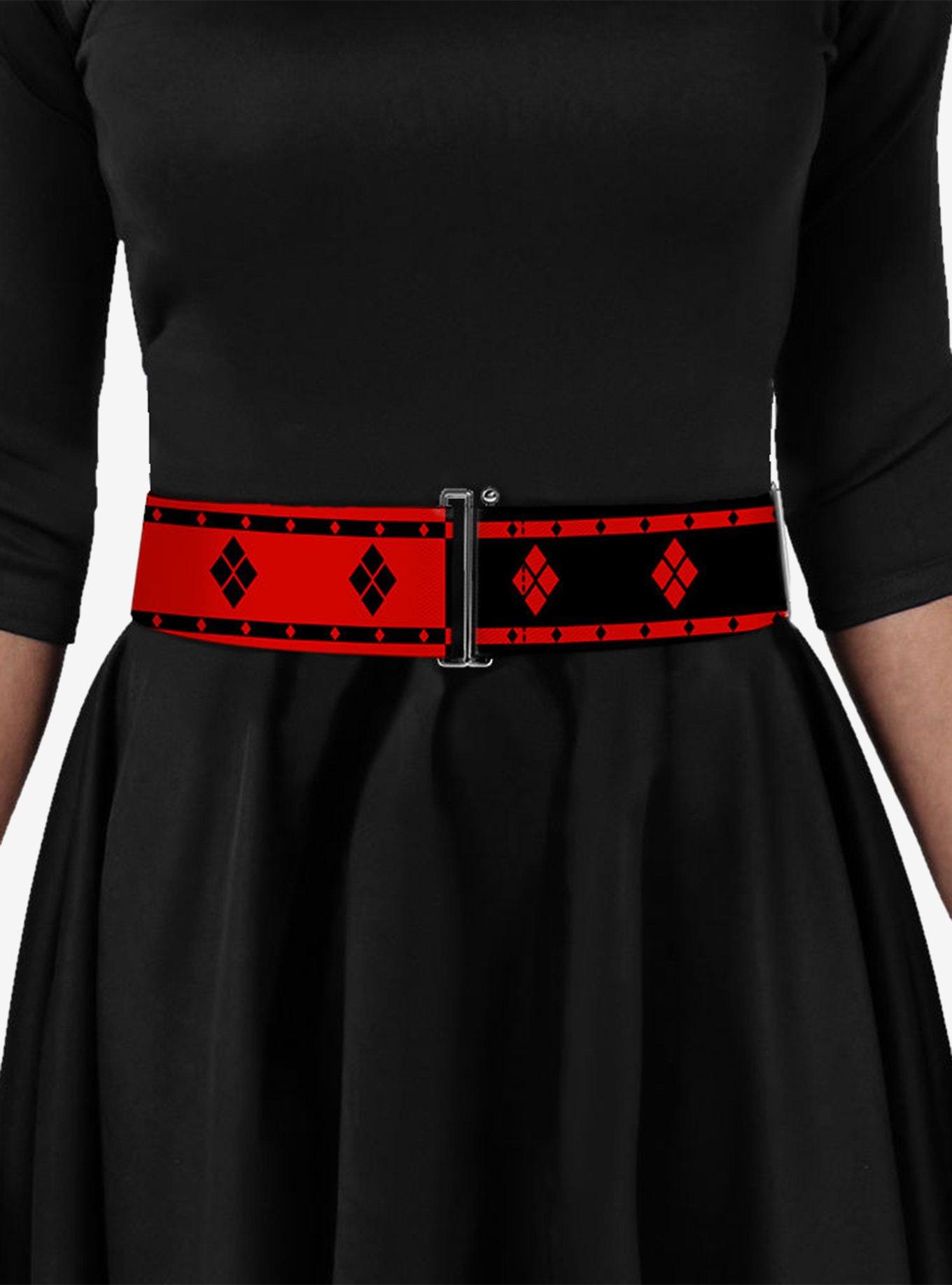 DC Comics Harley Quinn Diamonds Stripe Split Red Black Cinch Belt, RED, alternate