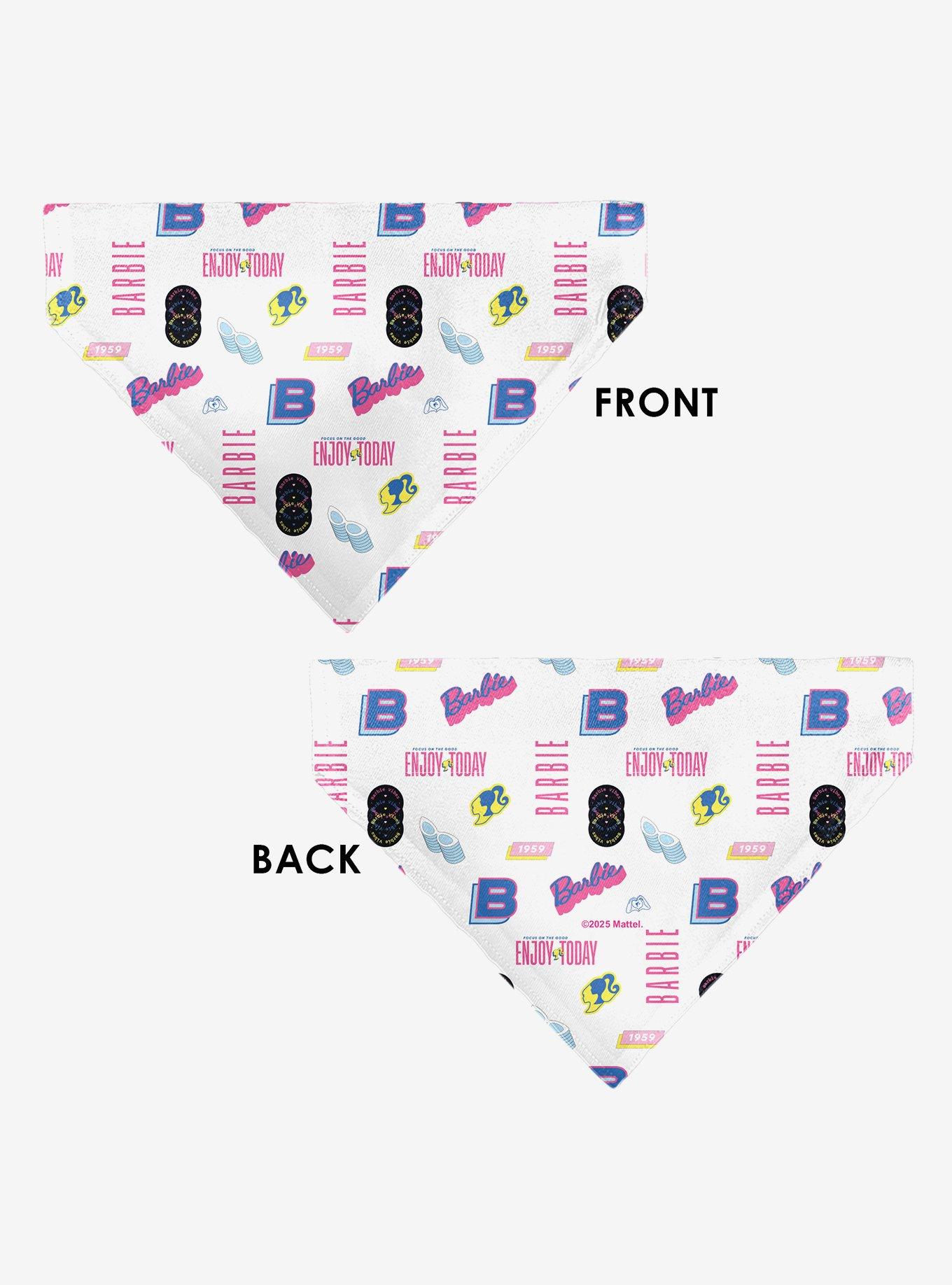 Barbie Enjoy Today Text and Icons Collage Slip On Collar Pet Bandana - Bandana Only, , alternate