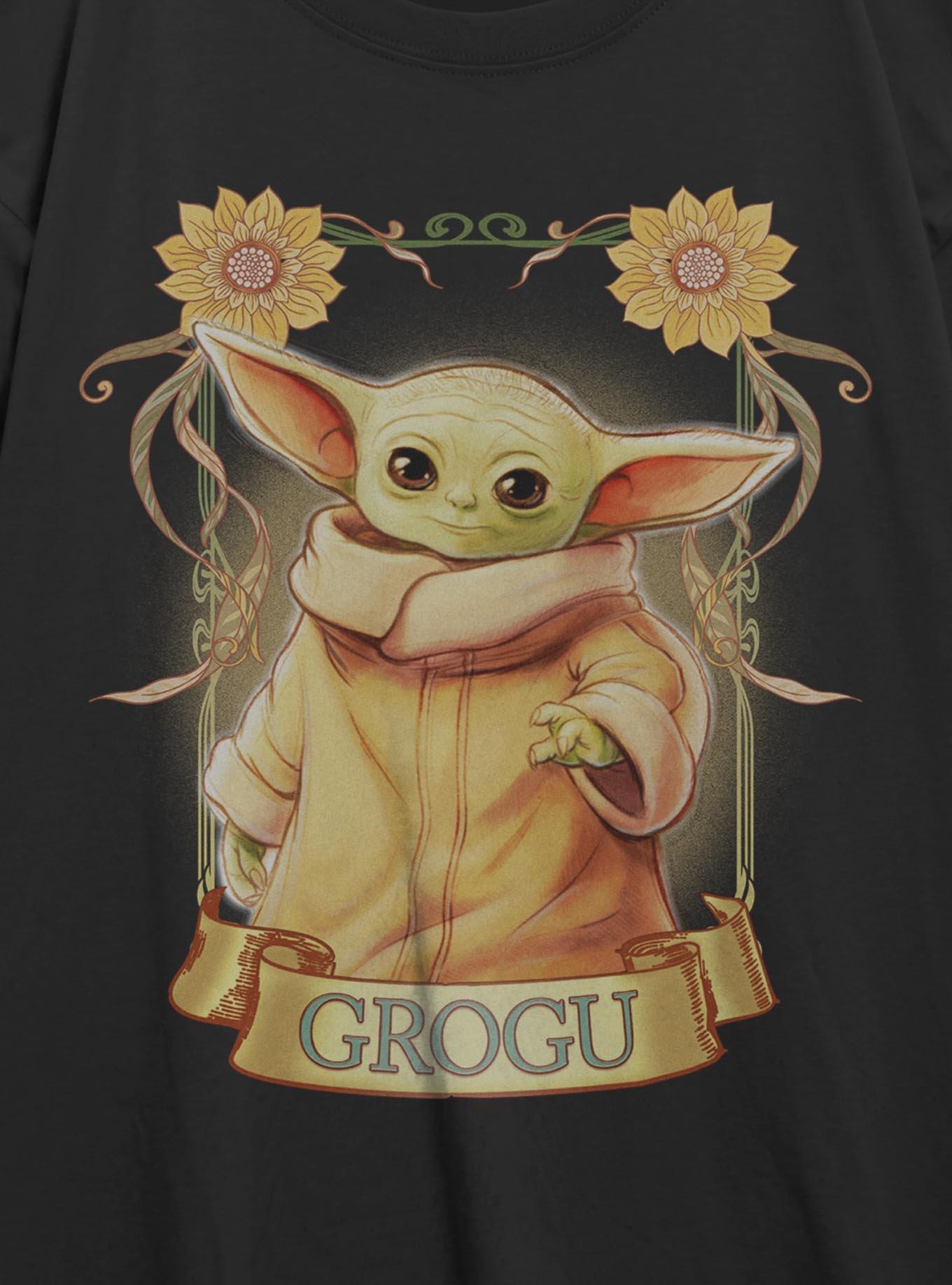 Star Wars The Mandalorian Grogu Floral Ornate Frame Girls Oversized T-Shirt, BLACK, alternate - view 2