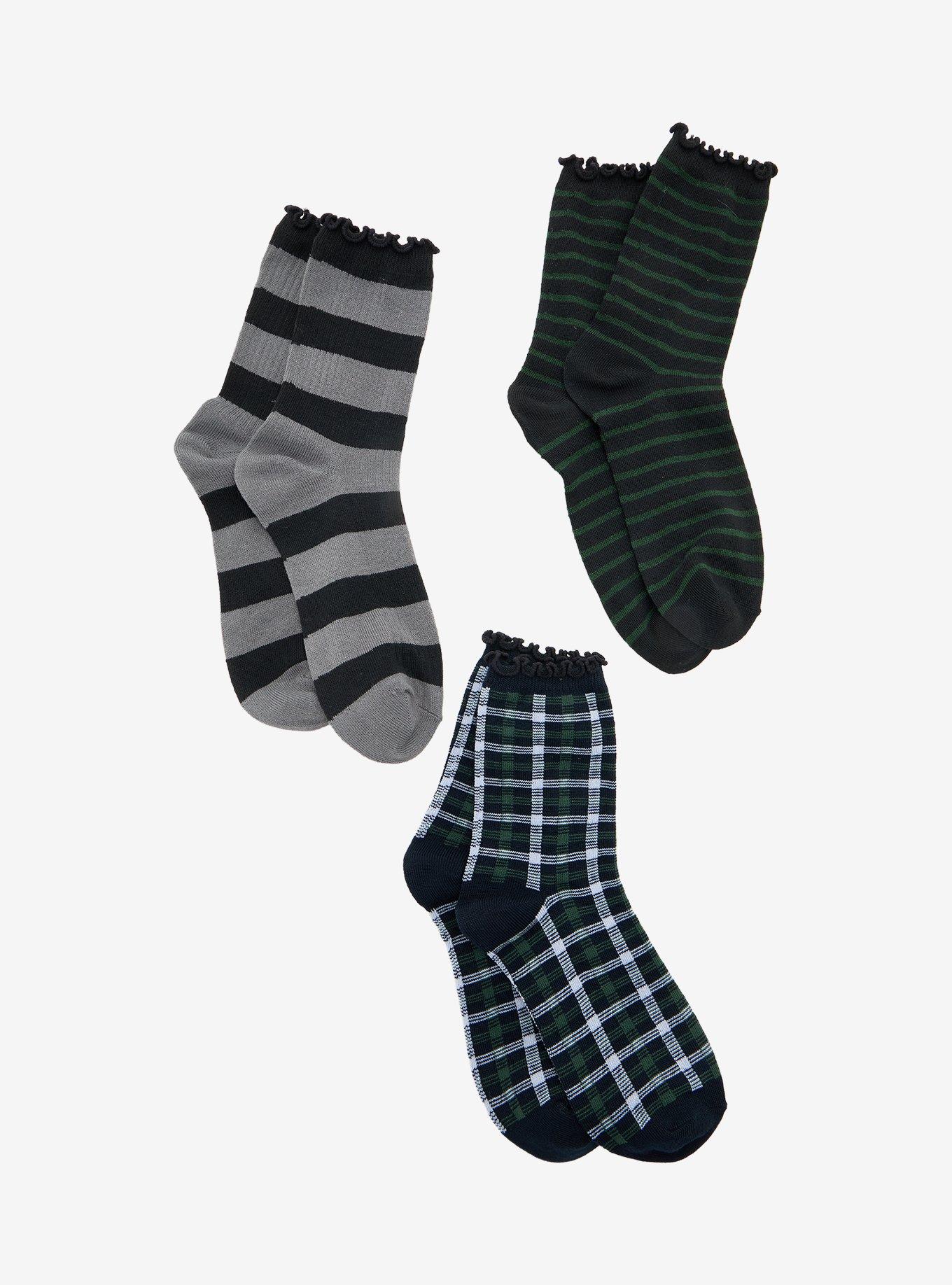 Green Black & Grey Stripe & Plaid Ankle Socks 3 Pair, , alternate - view 2