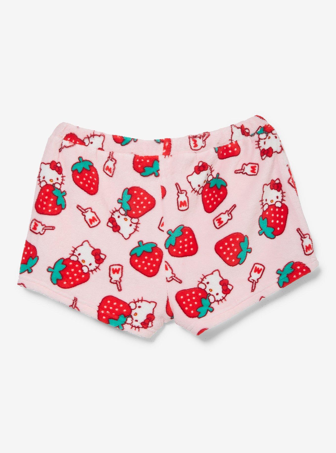 Sanrio Hello Kitty Strawberry Allover Print Plush Sleep Shorts - BoxLunch Exclusive, RED, alternate - view 3