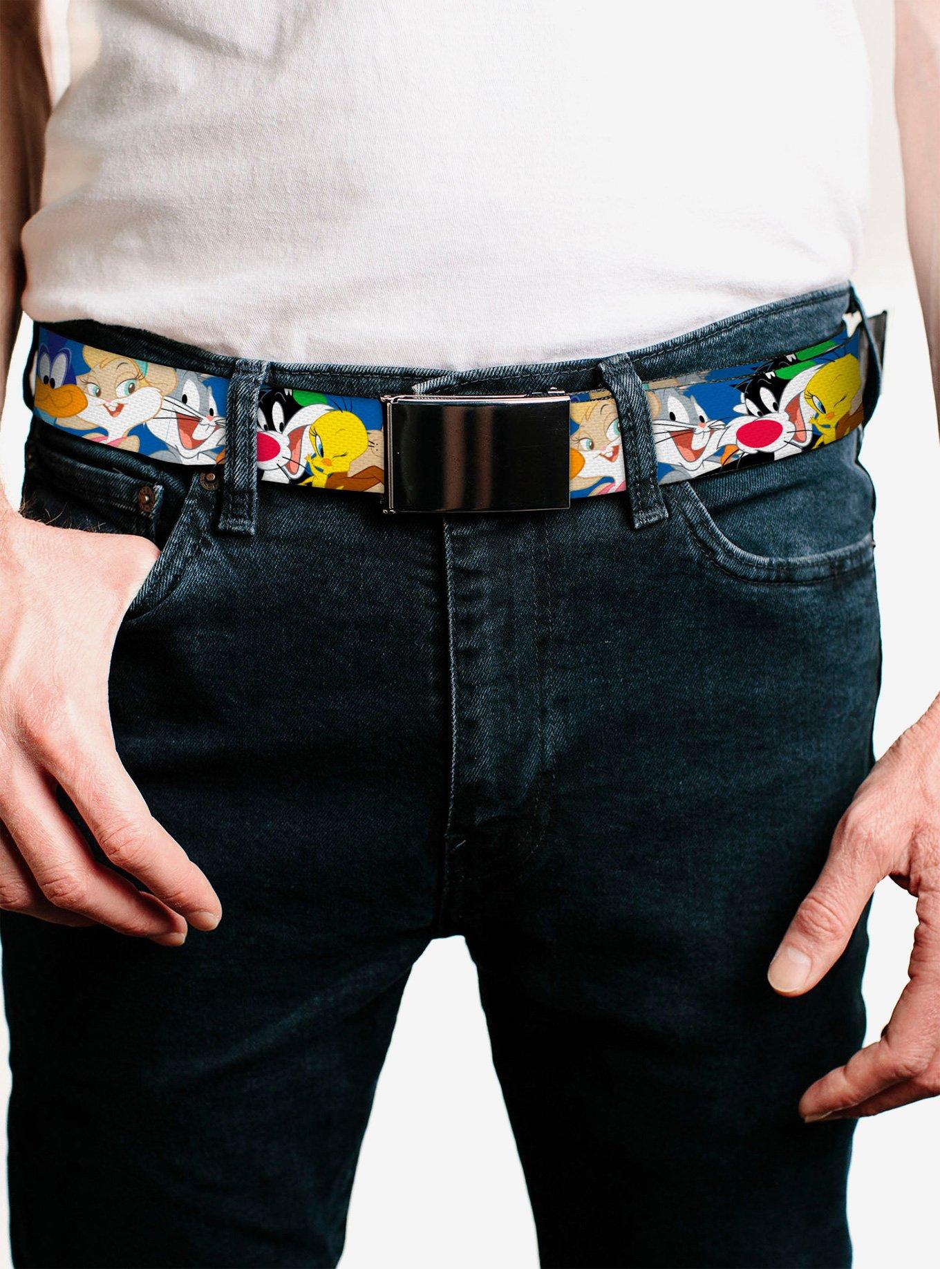 Looney Tunes Seven Character Faces Stacked Blue Clamp Buckle Belt