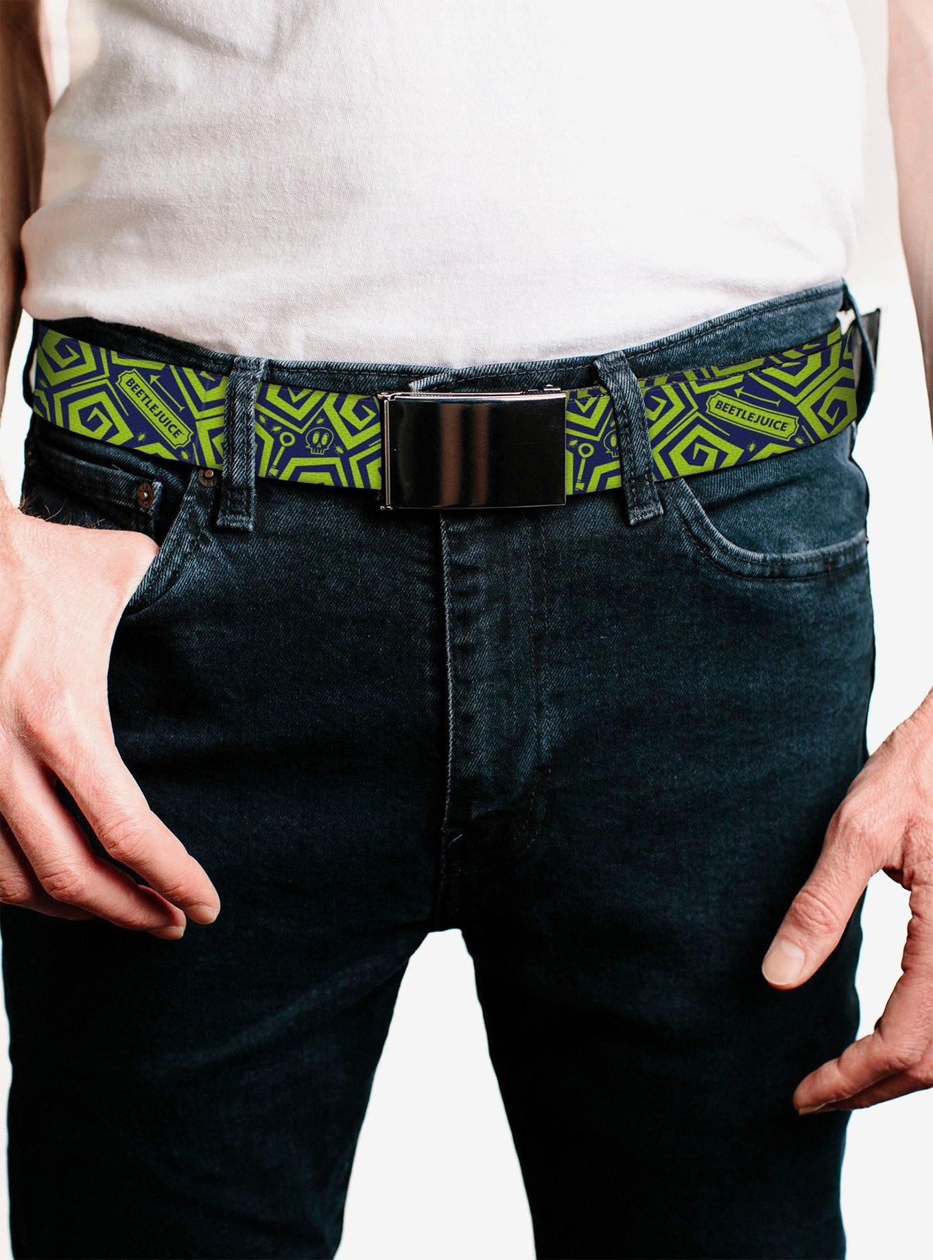 Beetlejuice Title and Icons Collage Green Clamp Buckle Belt