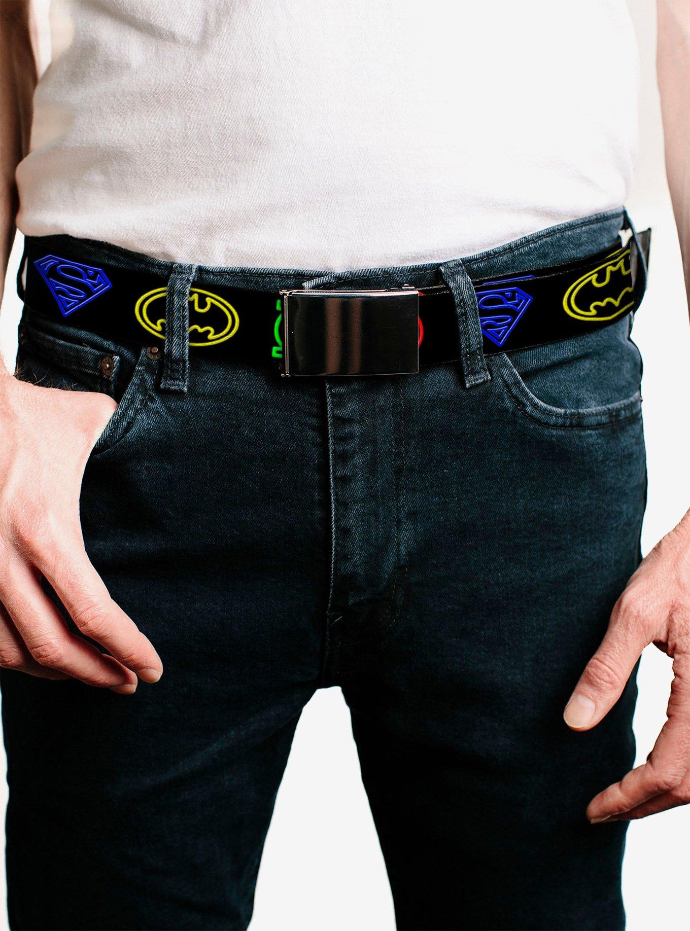 DC Comics Justice League Electric Logos Multi Neon Clamp Buckle Belt, , hi-res