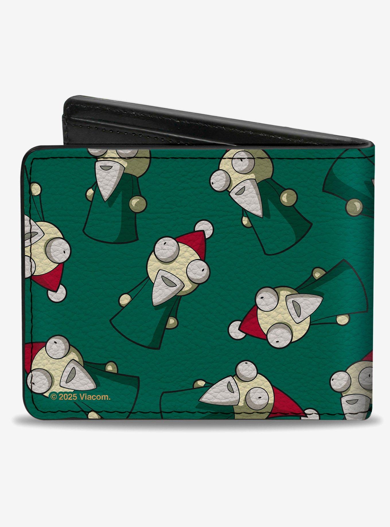 Invader Zim Lawn Gnome Scattered and Title Logo Green Bifold Wallet
