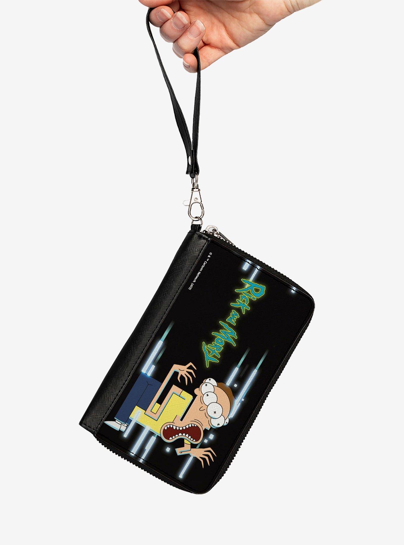 Rick and Morty Full Body Glitch Pose and Title Logo Black Zip Around Wallet, , hi-res
