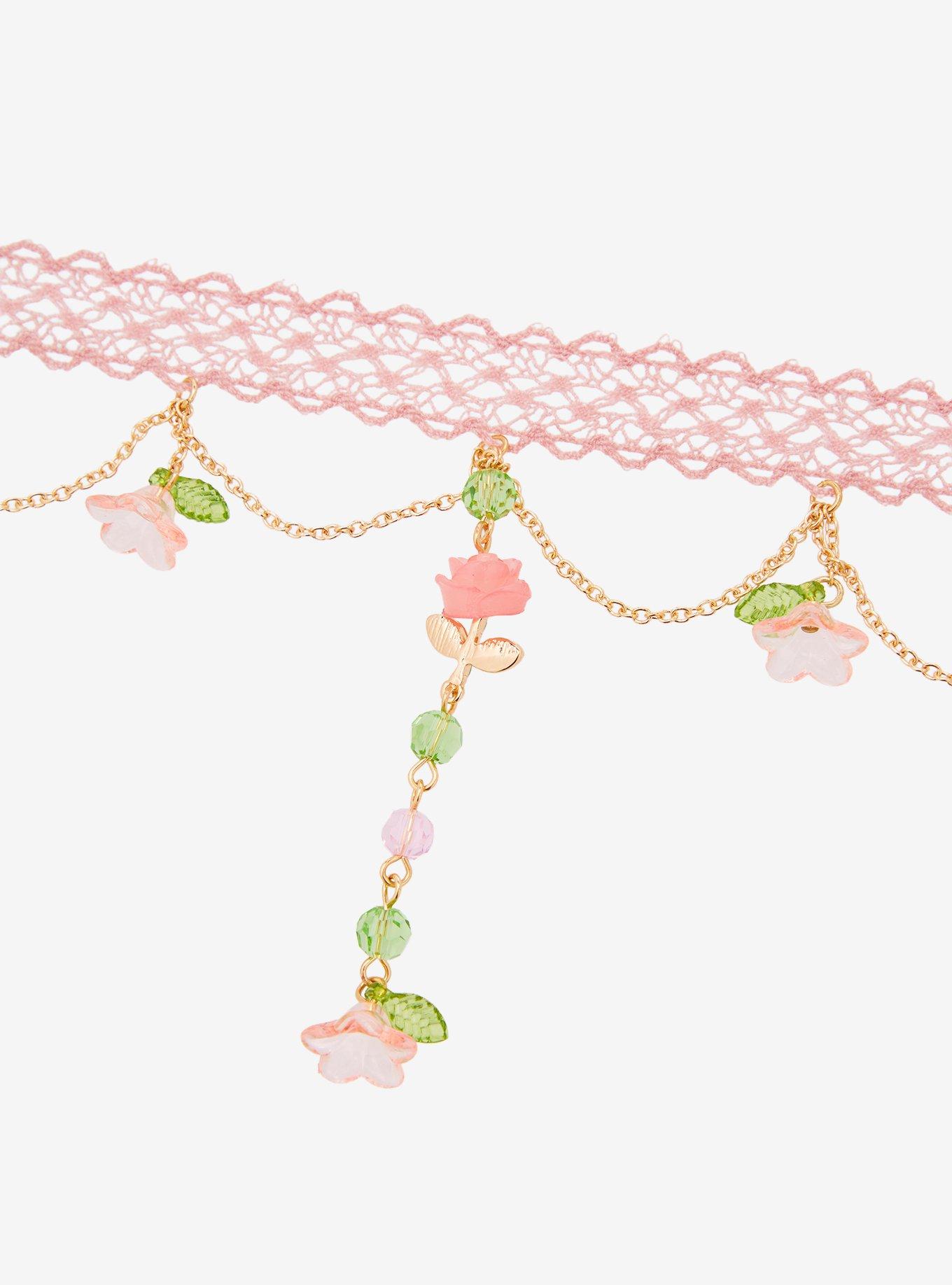 Thorn & Fable Pink Floral Lace Choker, , alternate - view 3