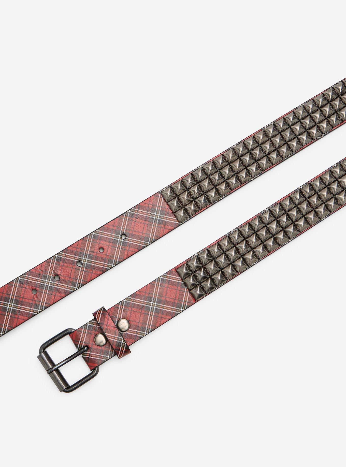 Red Plaid 3 Row Pyramid Stud Belt, RED, alternate - view 2