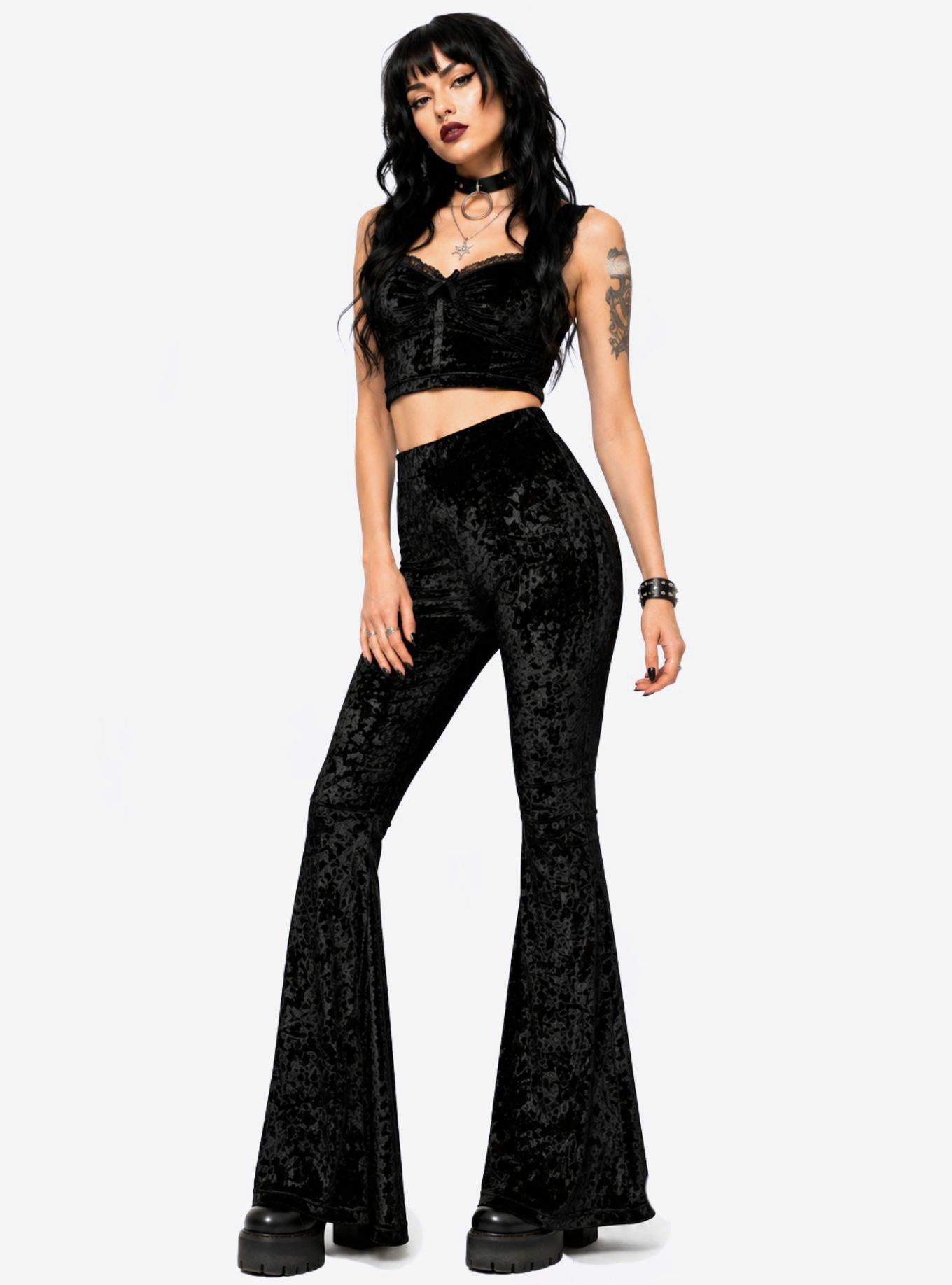 Black Crushed Velvet High Waisted Bell Bottoms Flare Pants, , hi-res