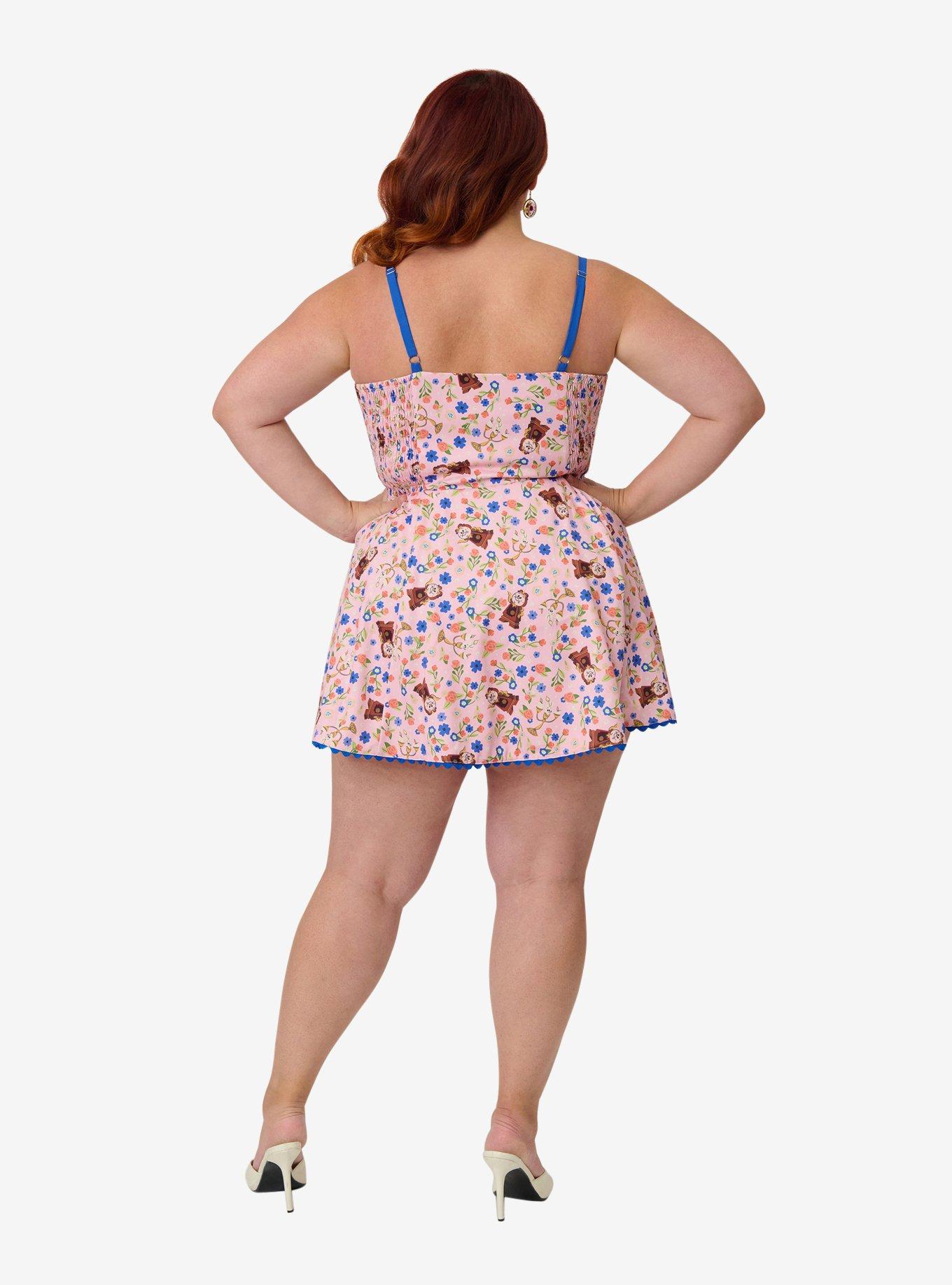 Disney Beauty and the Beast Collection by Unique Vintage Plus Size Lumiere & Cogsworth Sweetheart Skirted Romper, , hi-res