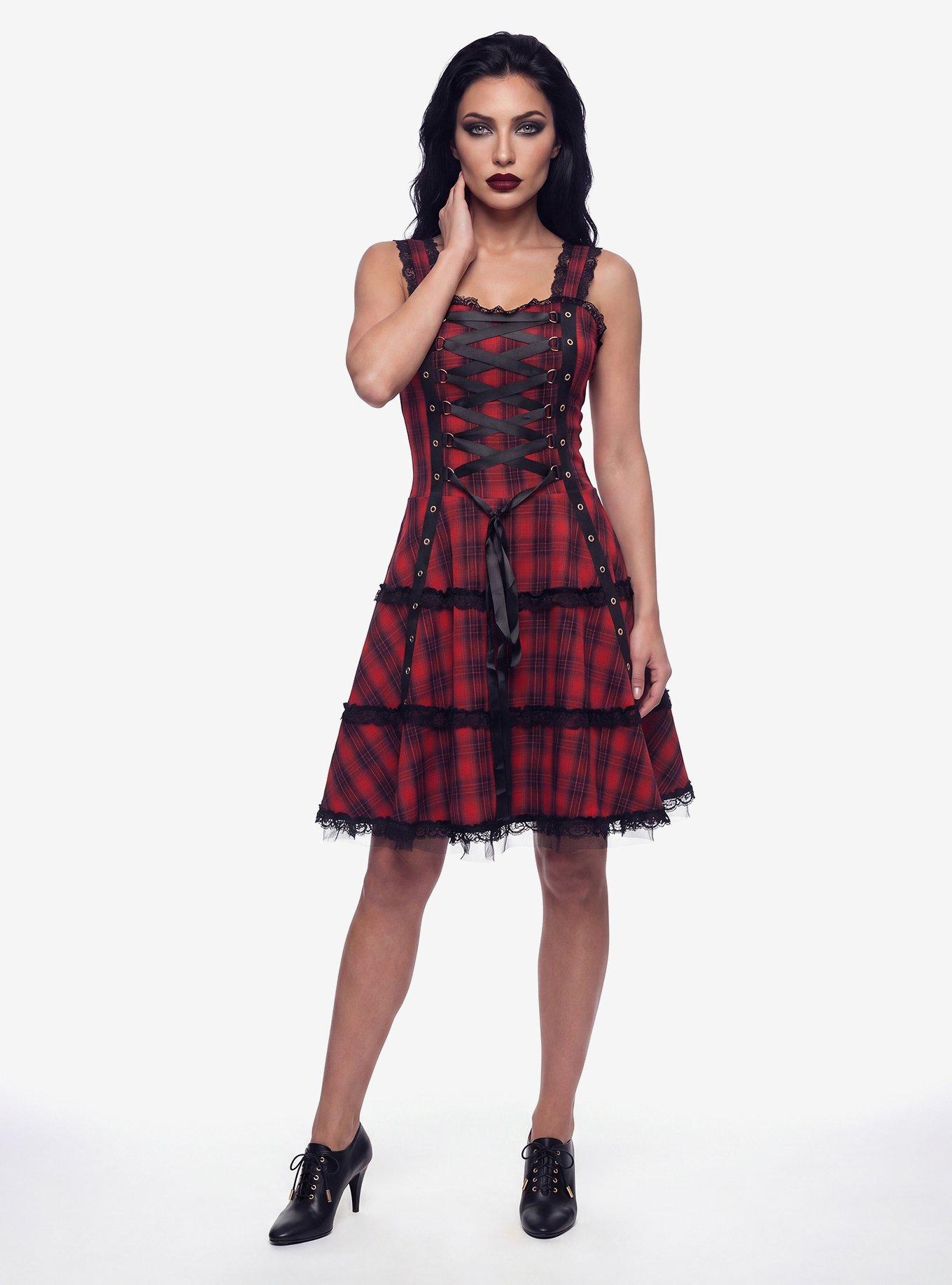 Red Plaid Gothic Dress, , hi-res