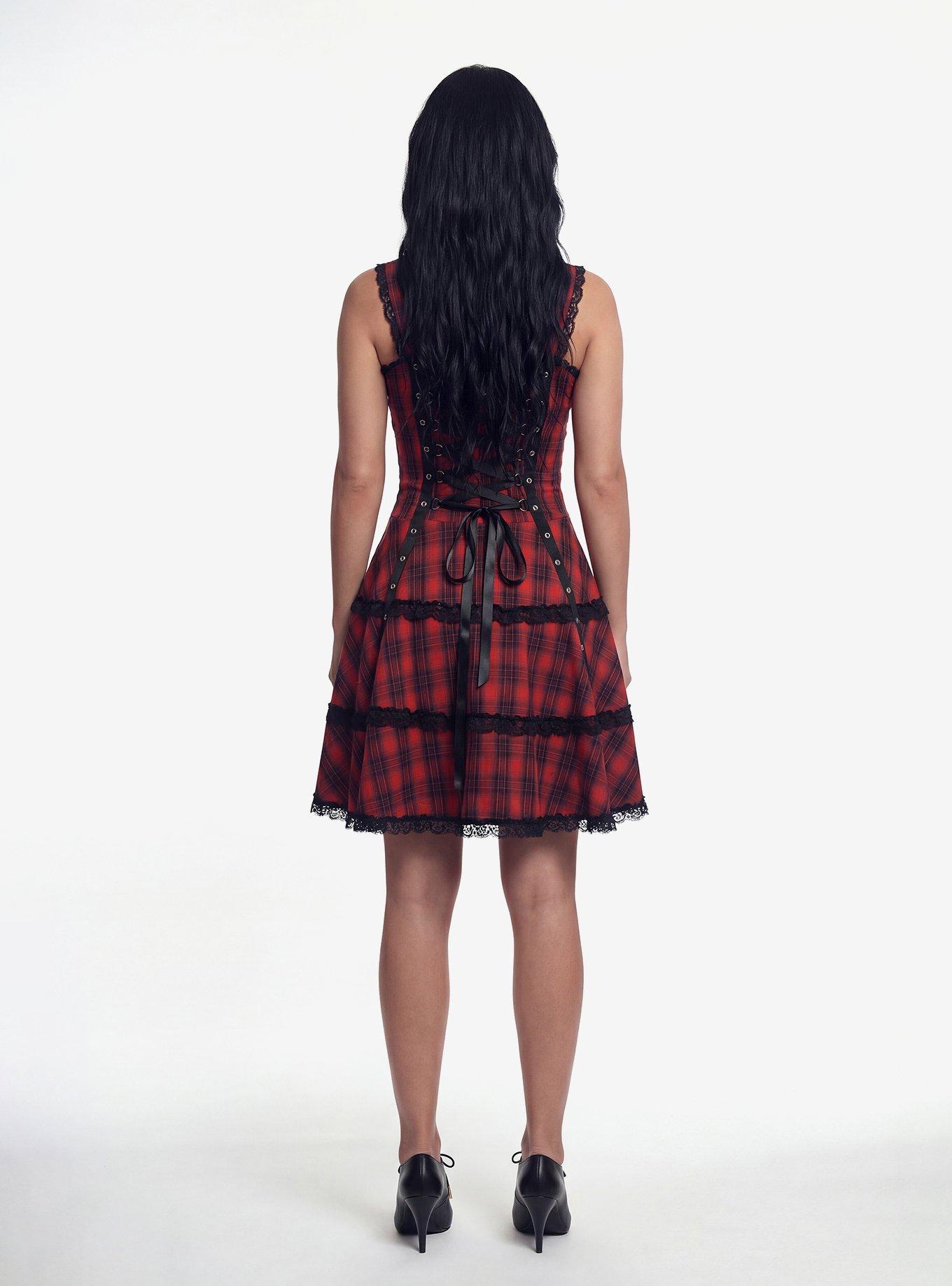 Red Plaid Gothic Dress, RED, alternate - view 3