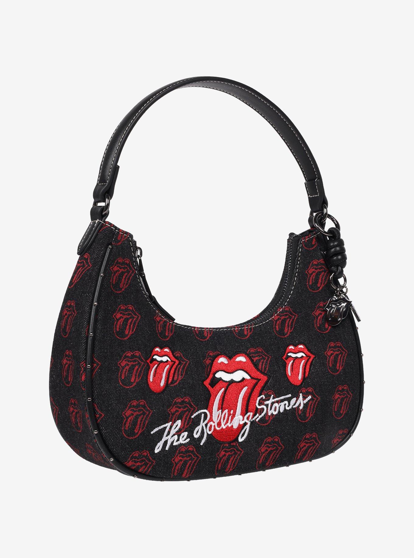 The Rolling Stones All-Over Tongue Logo Black Denim Small Hobo Bag, , hi-res
