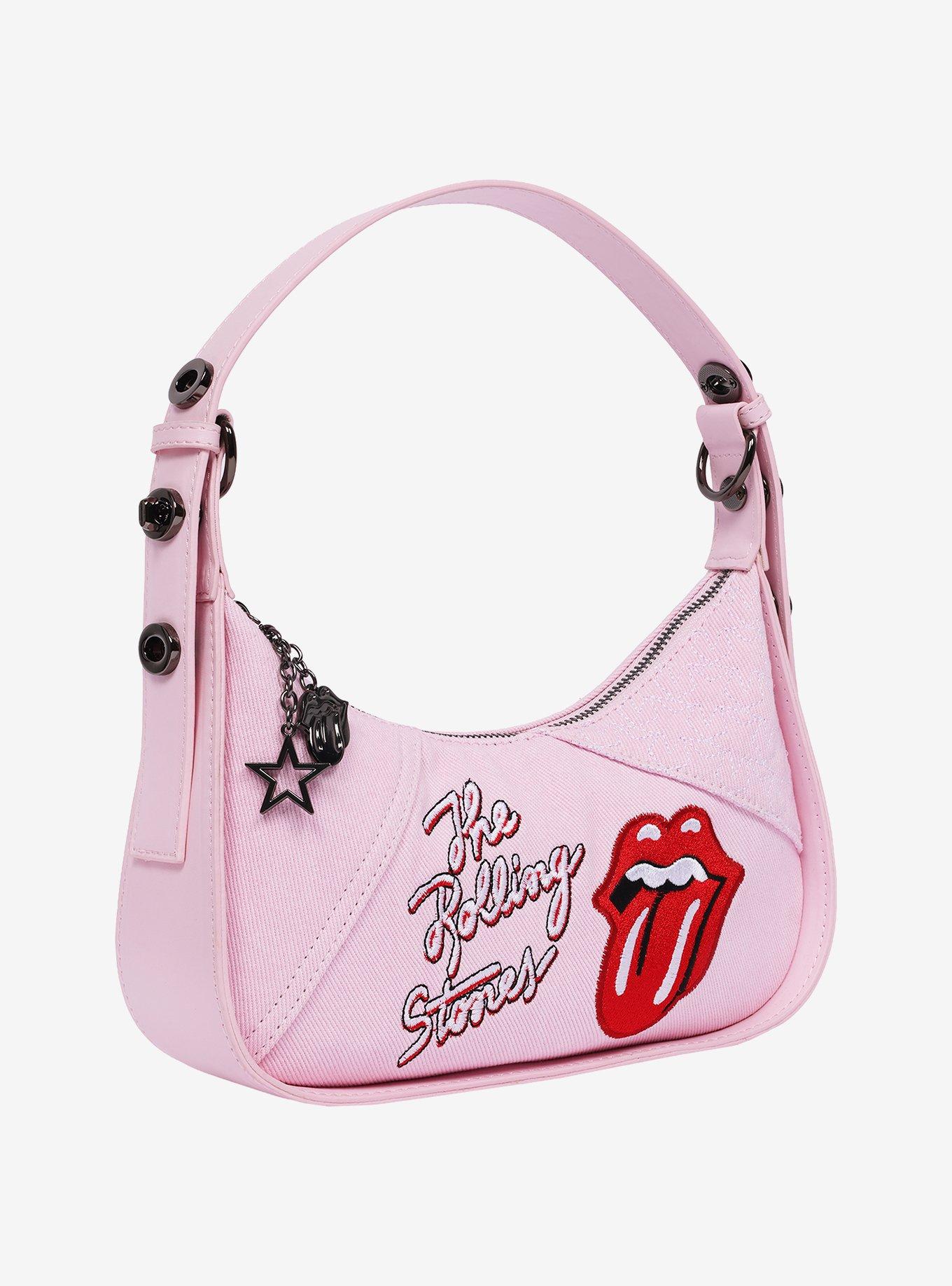 The Rolling Stones Denim Shoulder Bag ? Tongue Logo Mini Hobo Purse (Navy/Denim & Pink), , hi-res