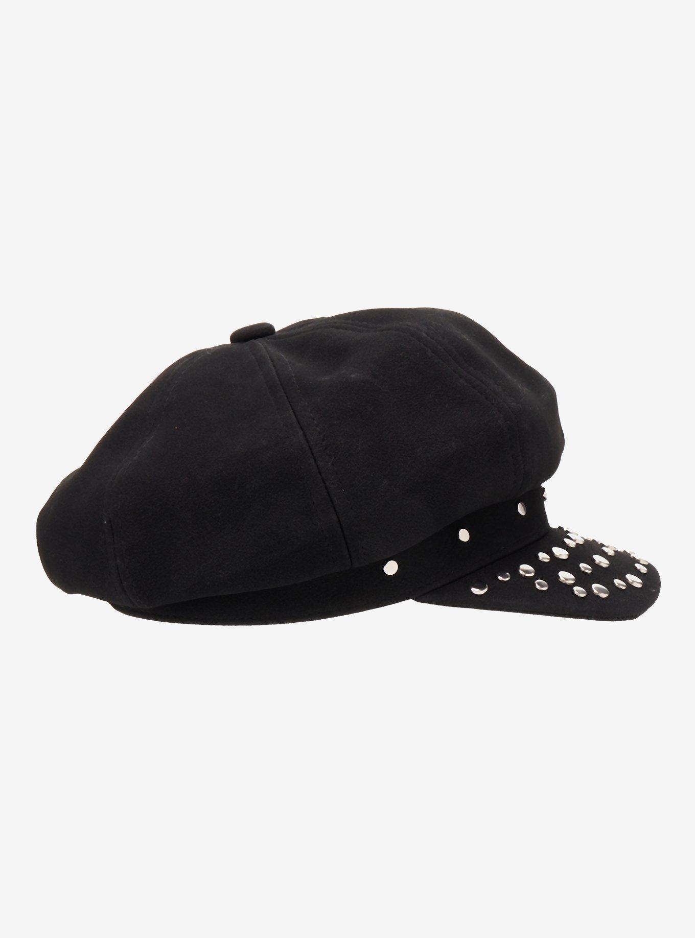 Black Faux Suede Studded Cabbie Hat, , alternate - view 3