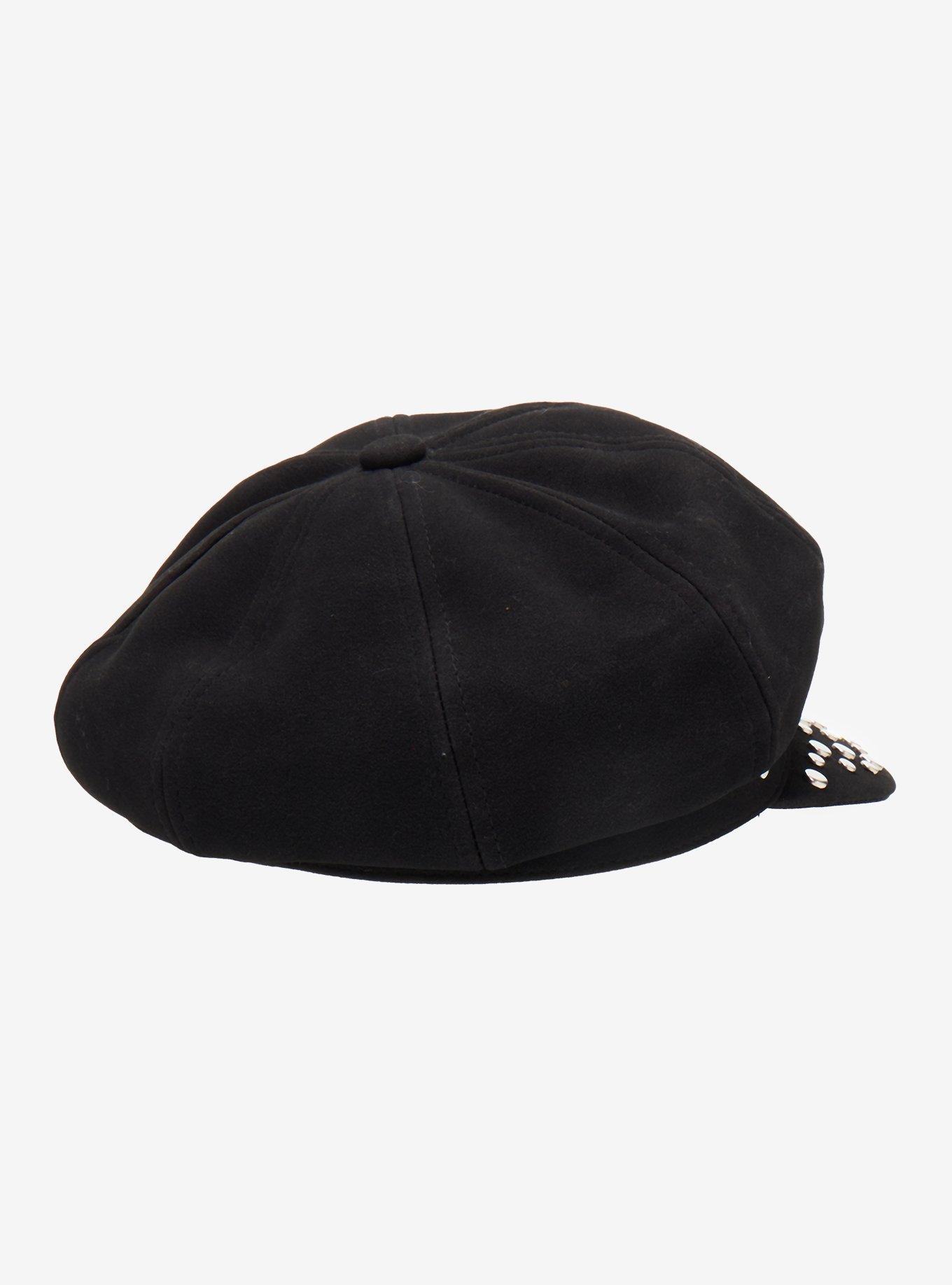 Black Faux Suede Studded Cabbie Hat, , alternate - view 4