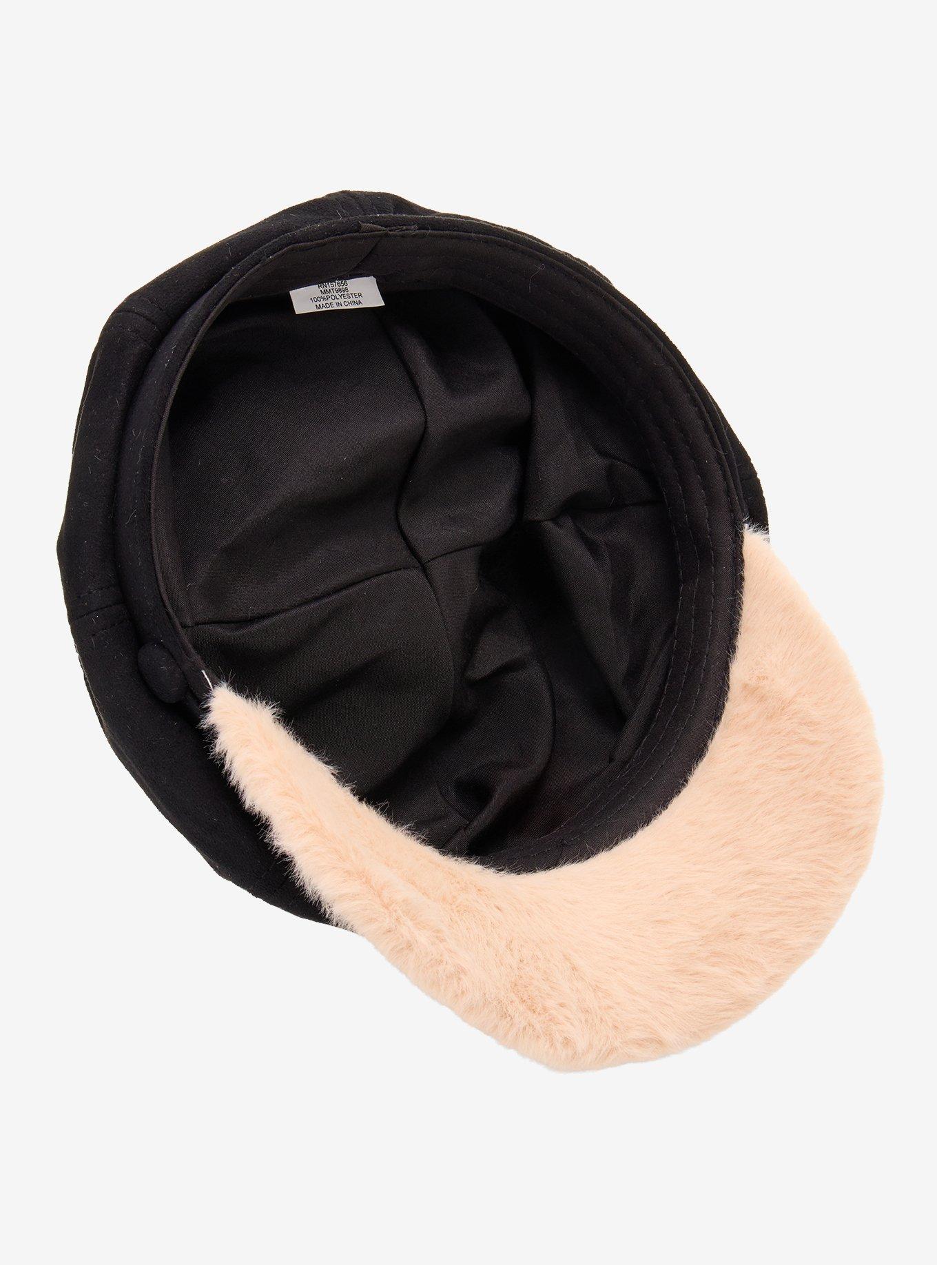 Black Fleece Trim Cabbie Hat, , alternate - view 4