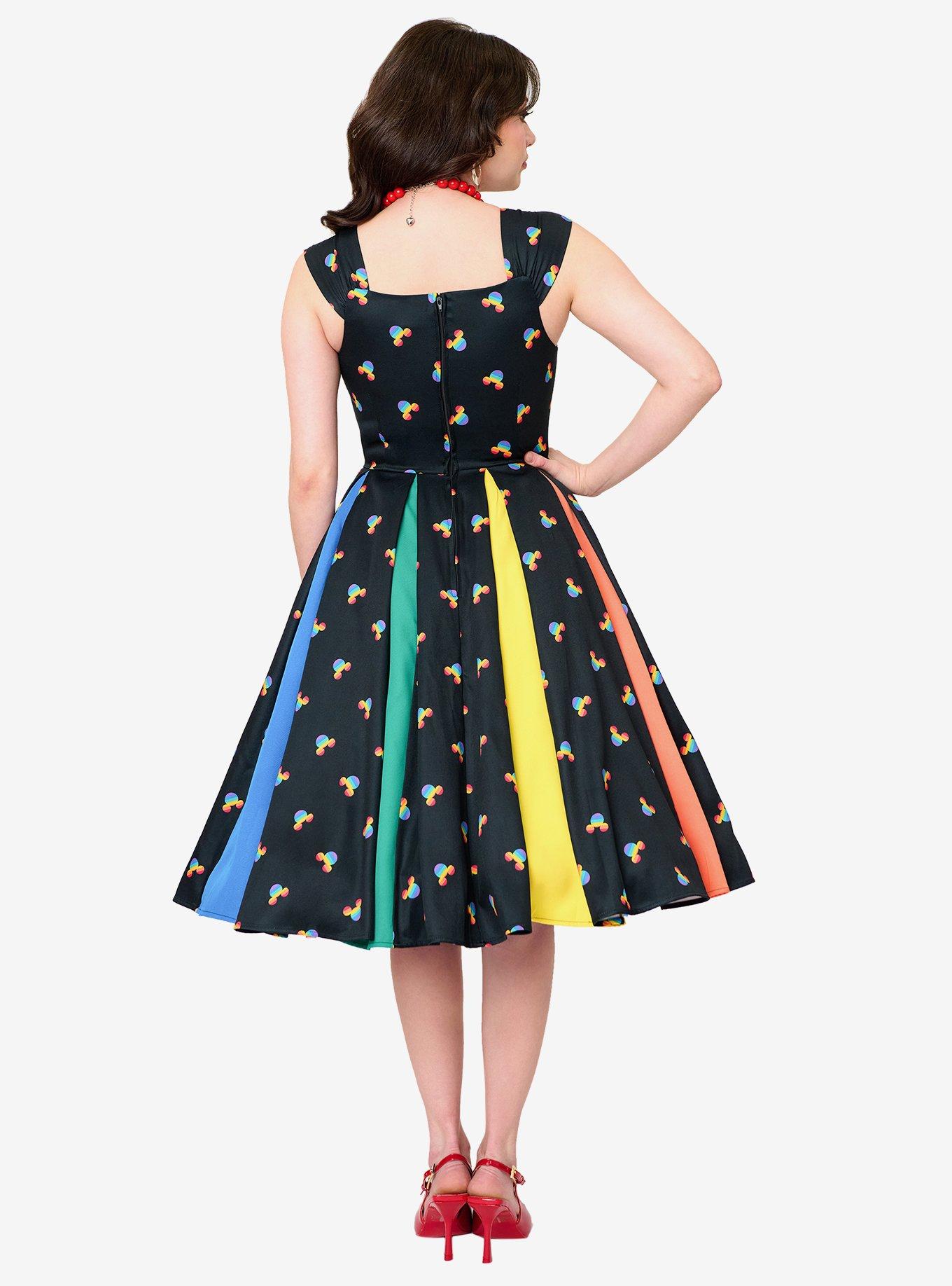 Disney Pride Collection by Unique Vintage Black & Rainbow Mickey Stripe Swing Dress, , hi-res