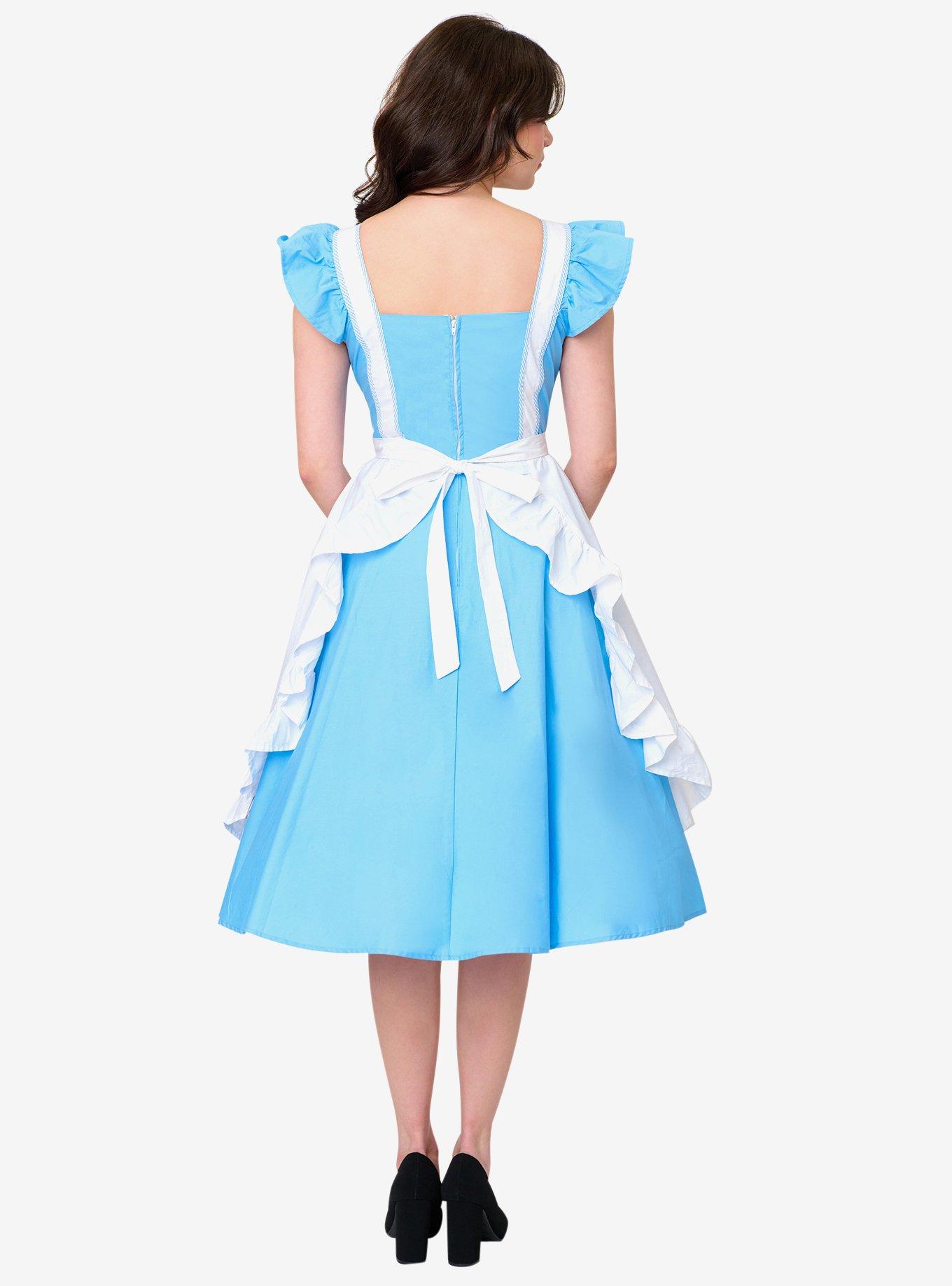 Disney Alice In Wonderland Collection By Unique Vintage Blue & White Ruffled Apron Swing Dress, , hi-res
