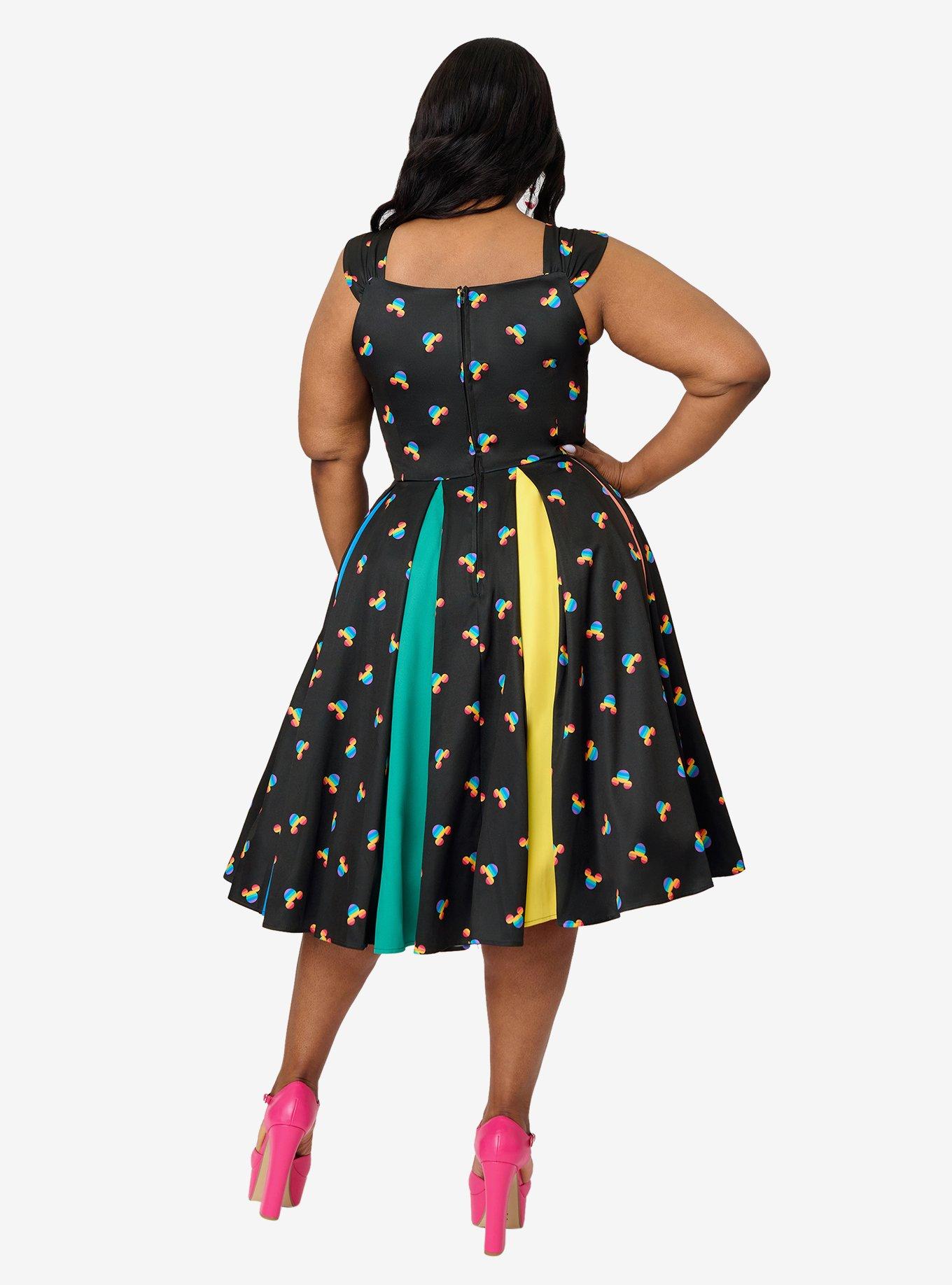 Disney Pride Collection by Unique Vintage Plus Size Black & Rainbow Mickey Stripe Swing Dress, , hi-res