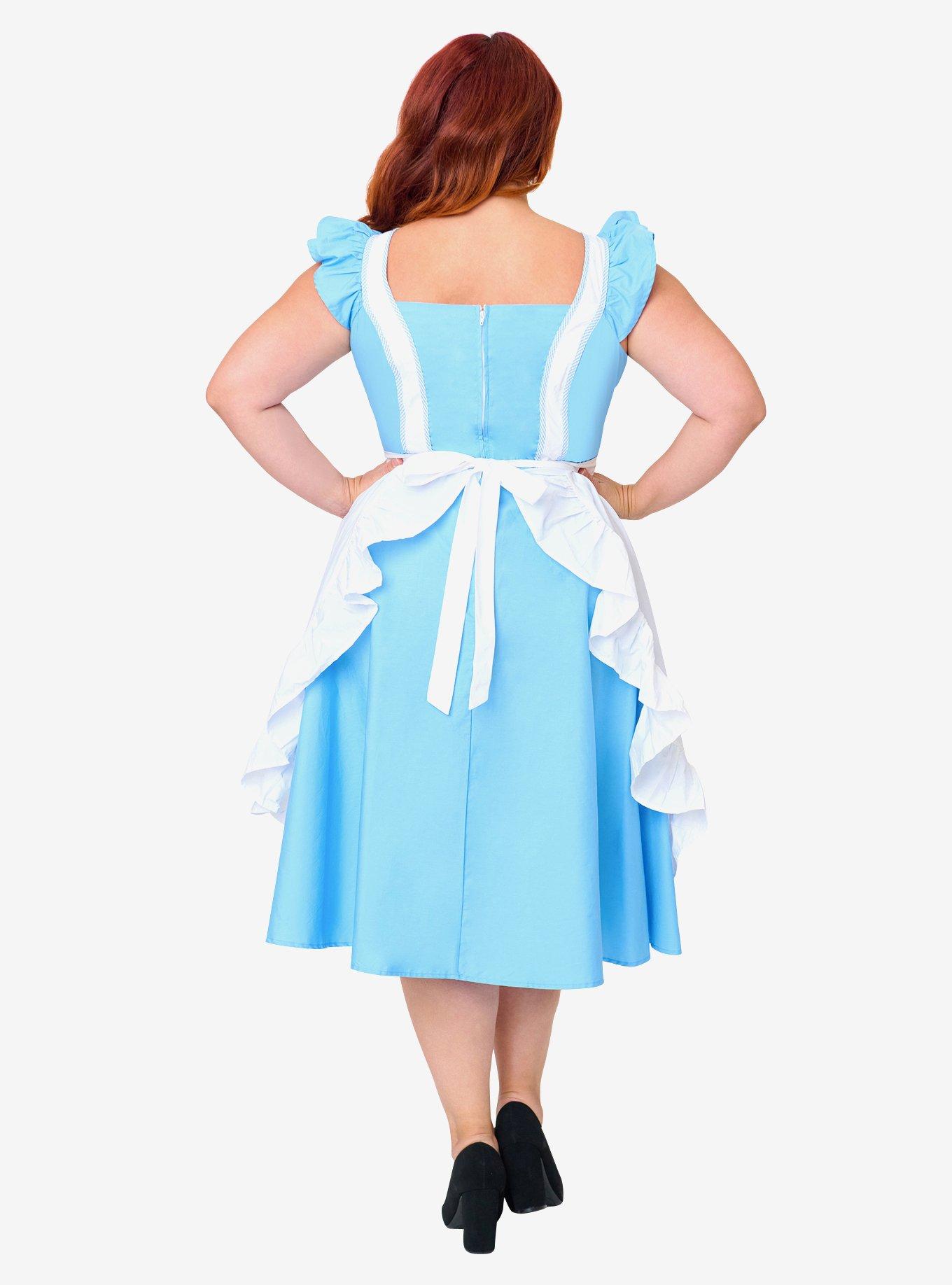Disney Alice In Wonderland Collection By Unique Vintage Plus Size Blue & White Ruffled Apron Swing Dress, , hi-res