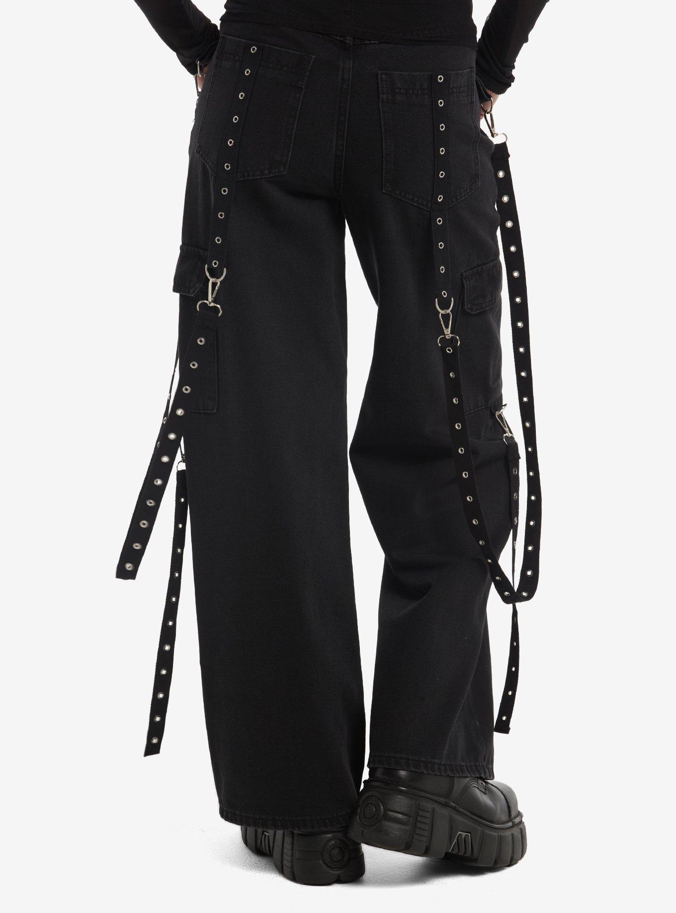 Black Grommet Strap Suspender Wide Leg Jeans, MULTI, alternate - view 2