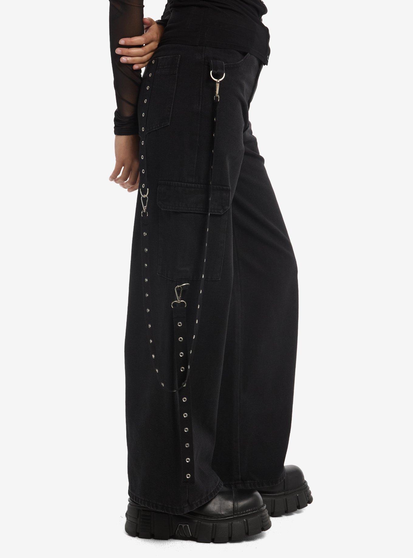 Black Grommet Strap Suspender Wide Leg Jeans, MULTI, alternate - view 3