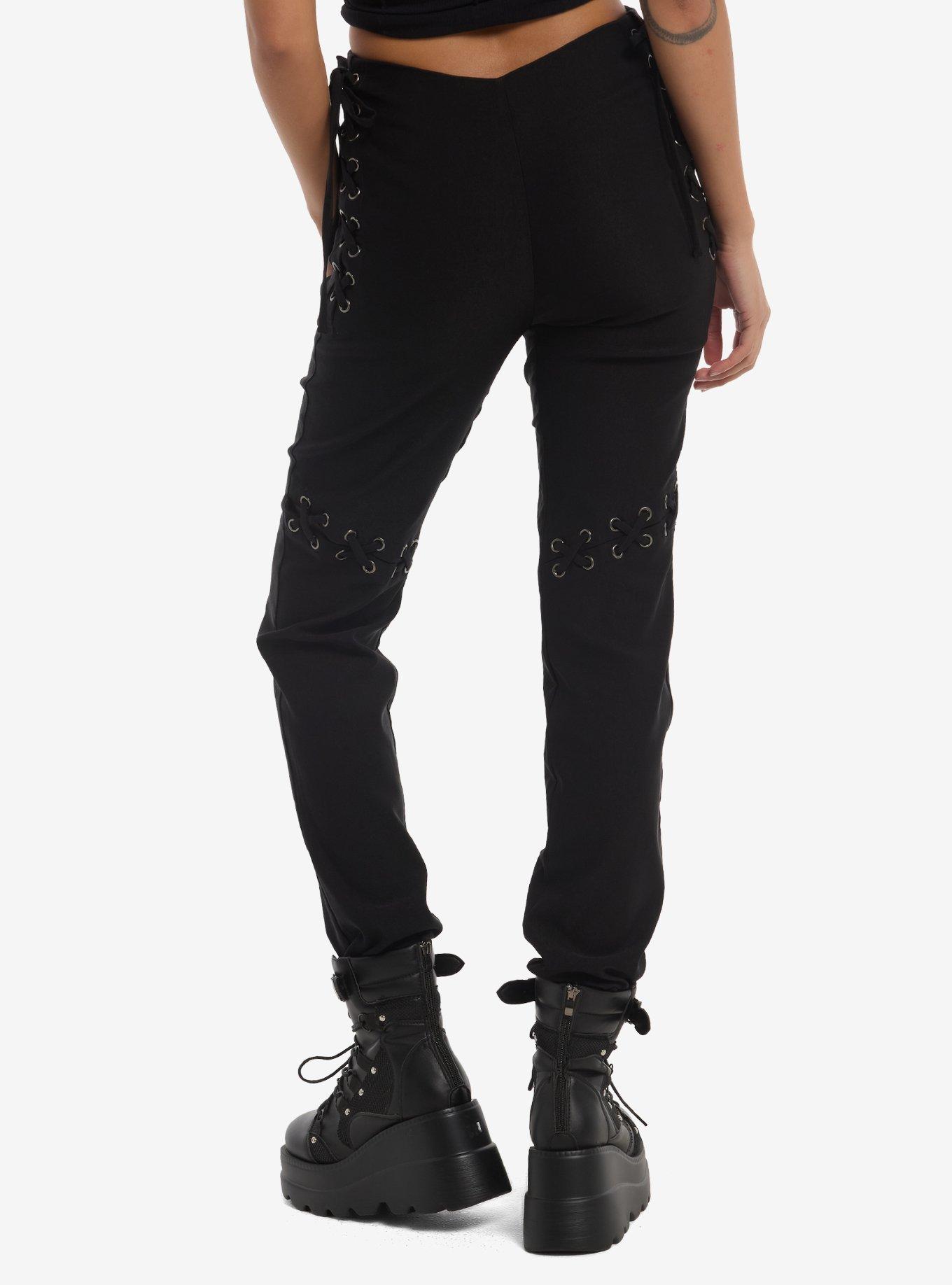 Black Lace-Up Grommet Straight Leg Pants, MULTI, alternate - view 2