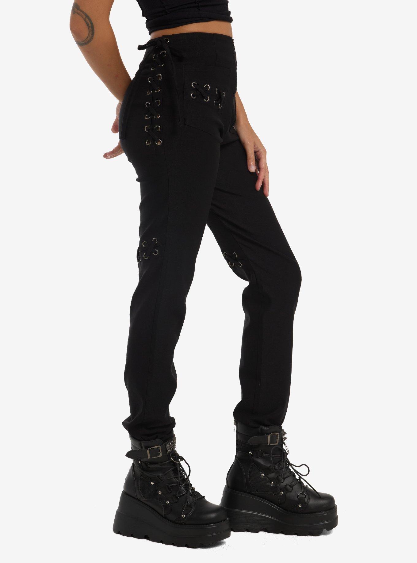 Black Lace-Up Grommet Straight Leg Pants, MULTI, alternate - view 3