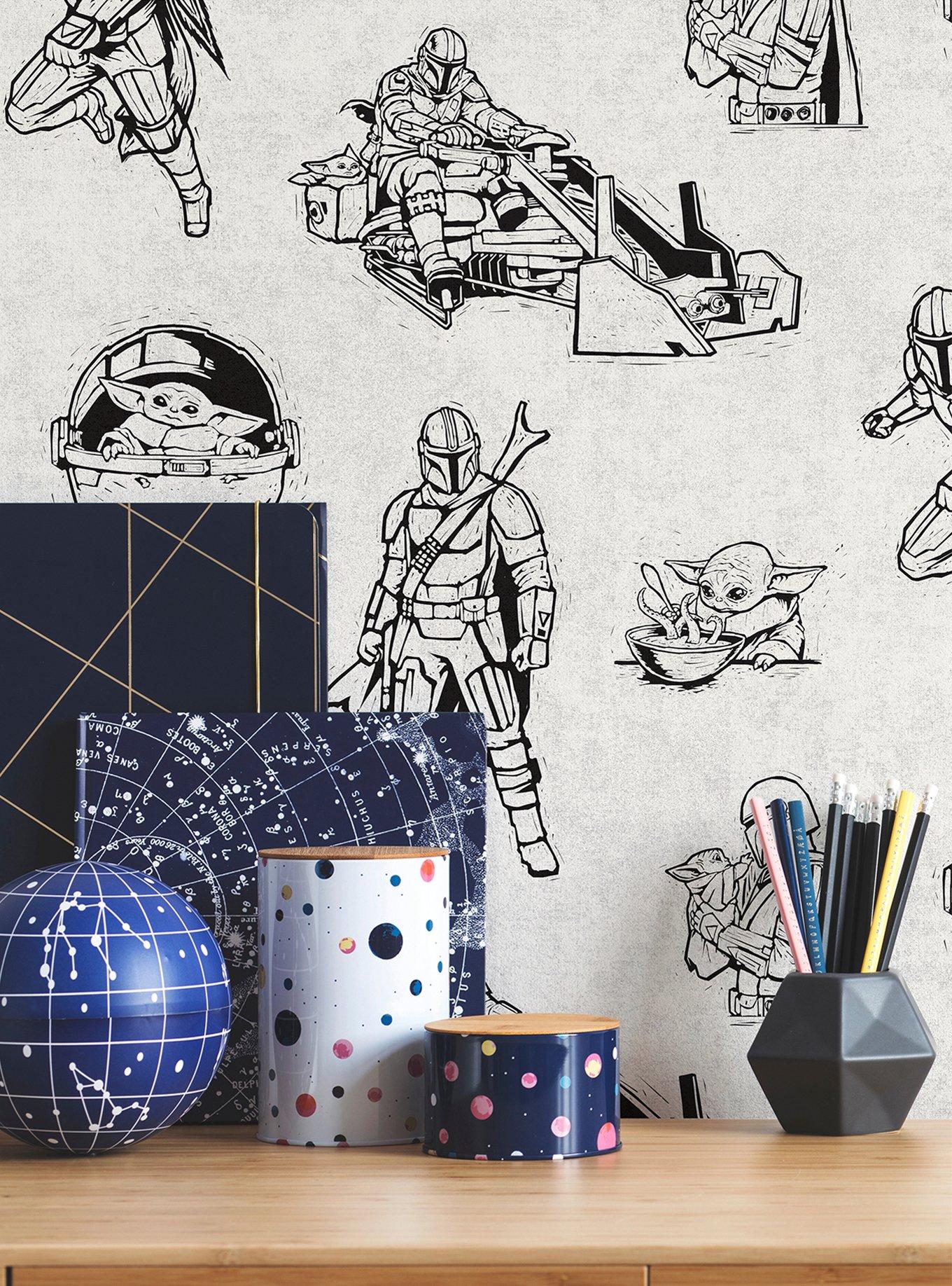 Star Wars The Mandalorian and Grogu Linocut Black Peel & Stick Wallpaper, , alternate - view 3