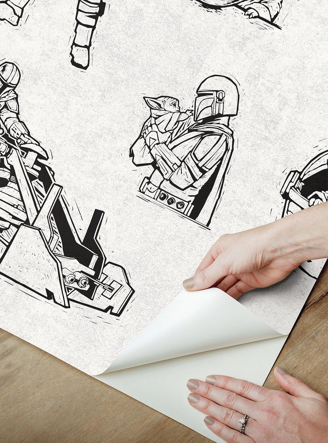 Star Wars The Mandalorian and Grogu Linocut Black Peel & Stick Wallpaper, , alternate - view 4