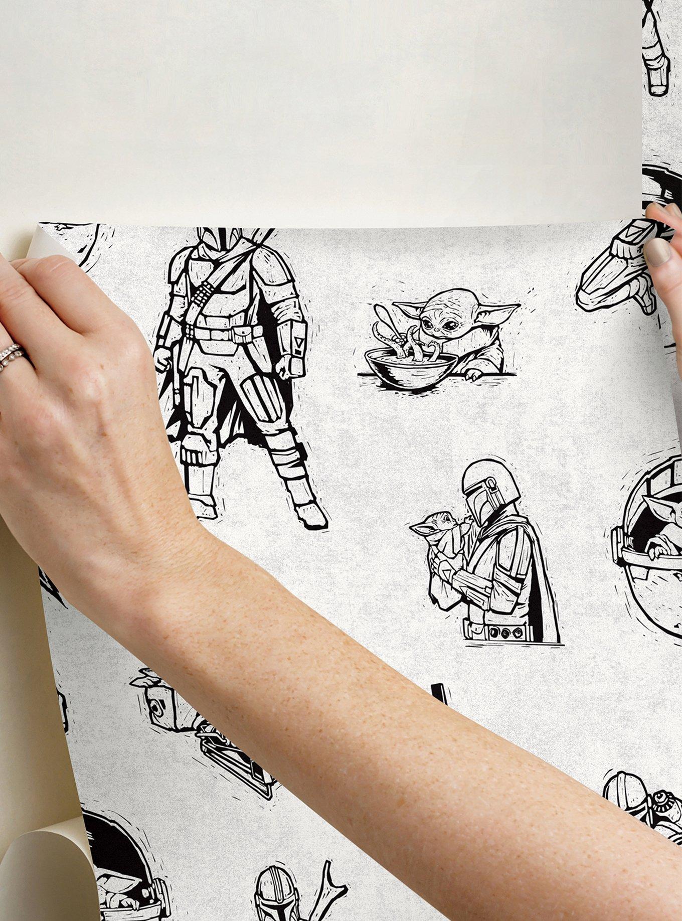 Star Wars The Mandalorian and Grogu Linocut Black Peel & Stick Wallpaper