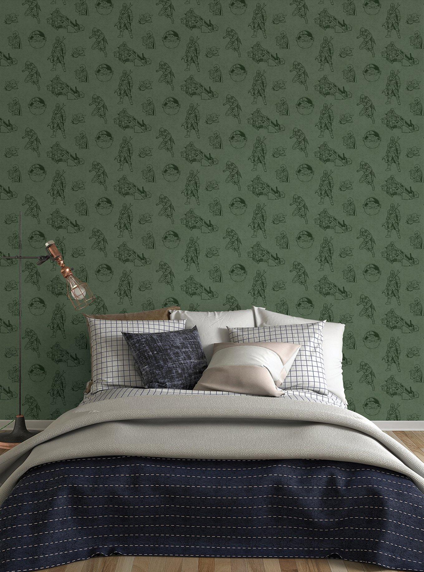 Star Wars The Mandalorian and Grogu Linocut Green Peel & Stick Wallpaper