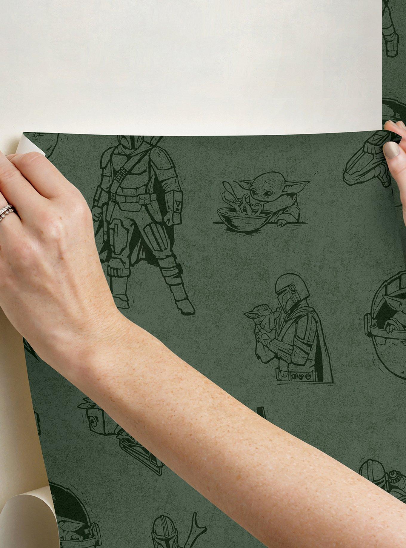 Star Wars The Mandalorian and Grogu Linocut Green Peel & Stick Wallpaper