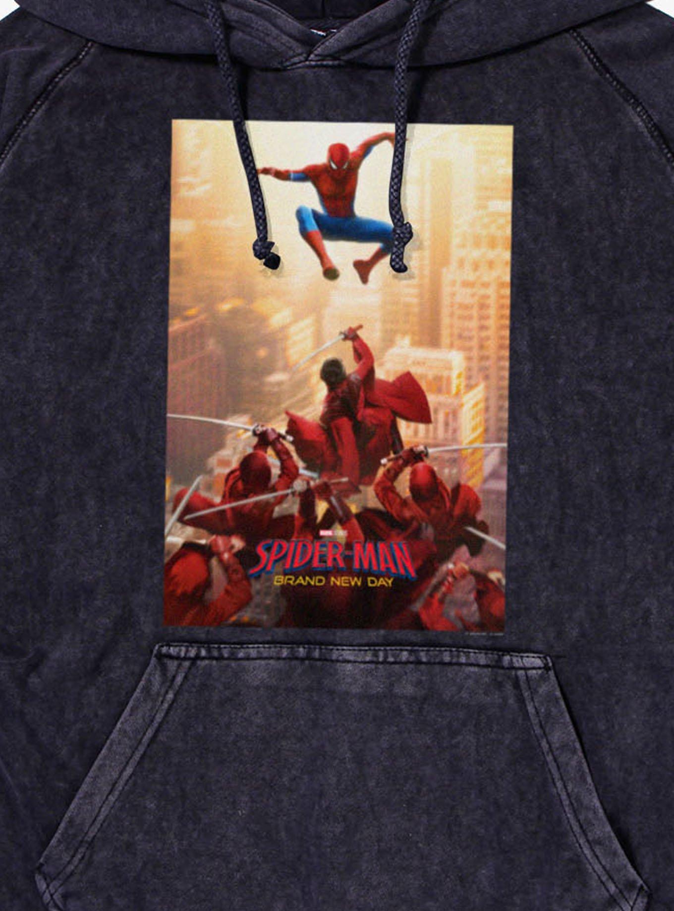 Marvel Spider-Man Brand New Day Leaping Vs The Hand Poster Mineral Wash Hoodie, VINTAGE BLACK, alternate - view 2