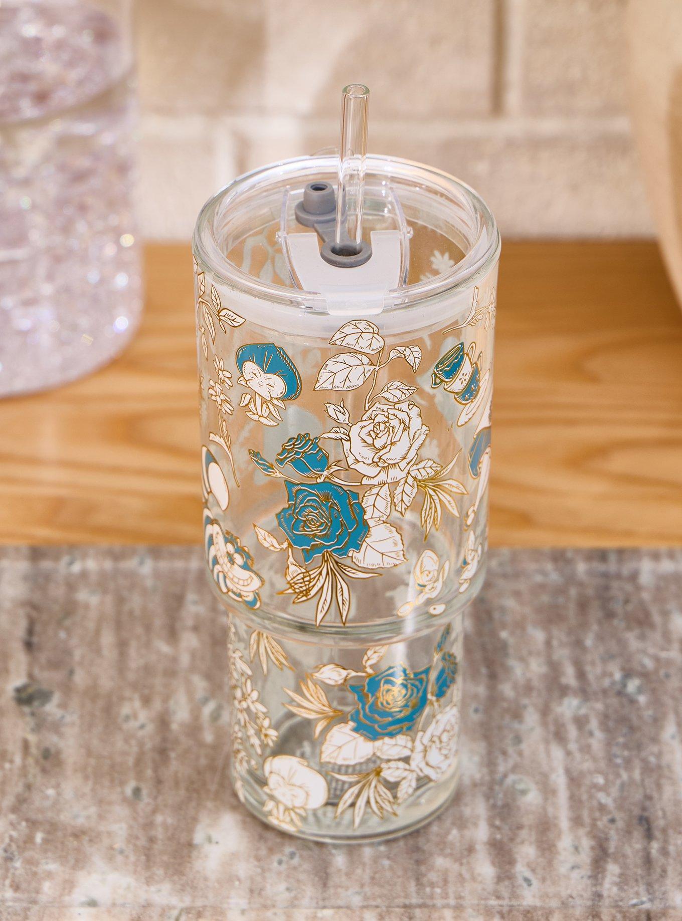 Disney Alice in Wonderland Flowers Allover Print Glass Straw Tumbler With Handle, , alternate - view 3