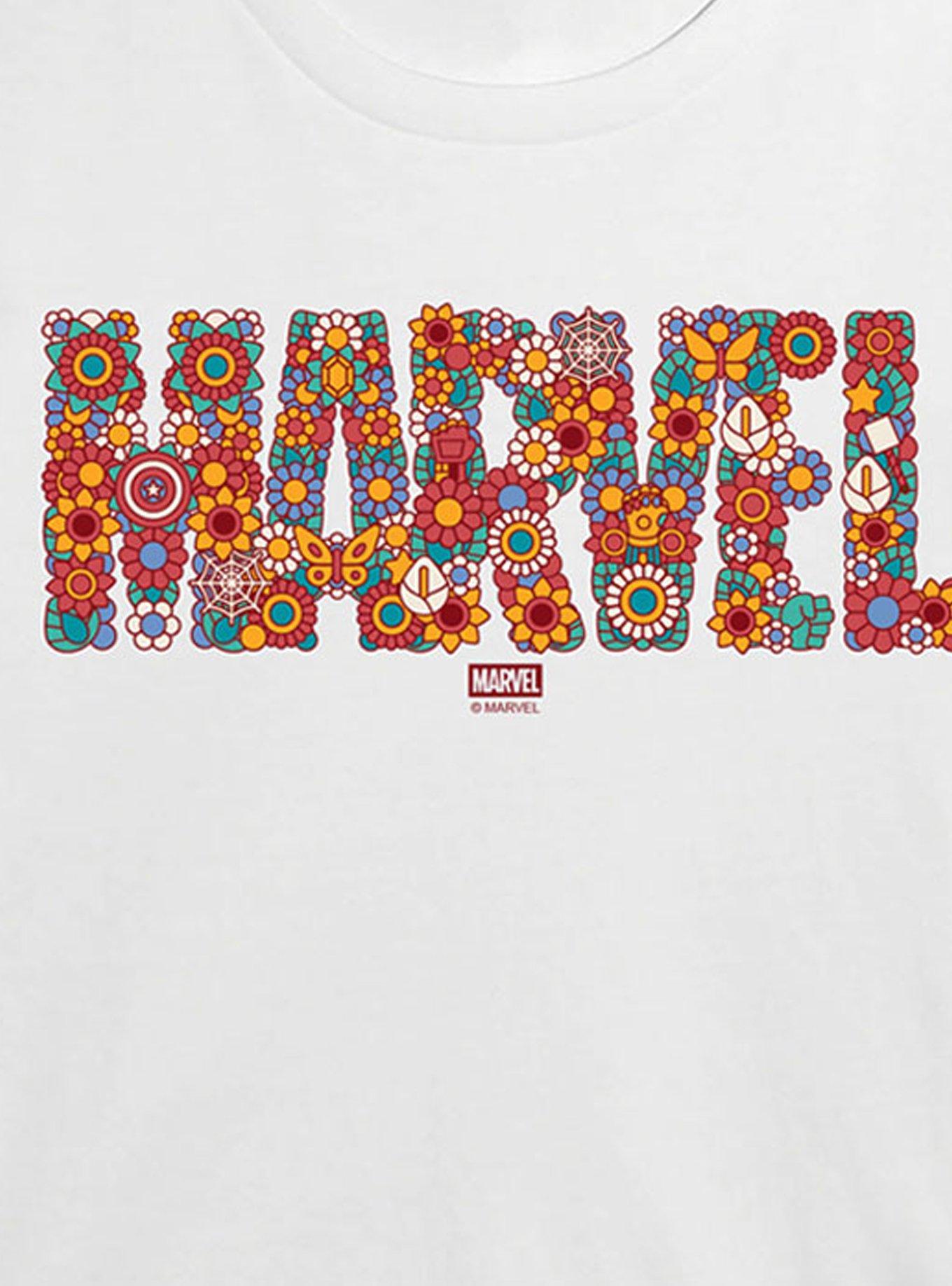 Marvel Logo Florals Womens Crop T-Shirt, WHITE, alternate - view 2