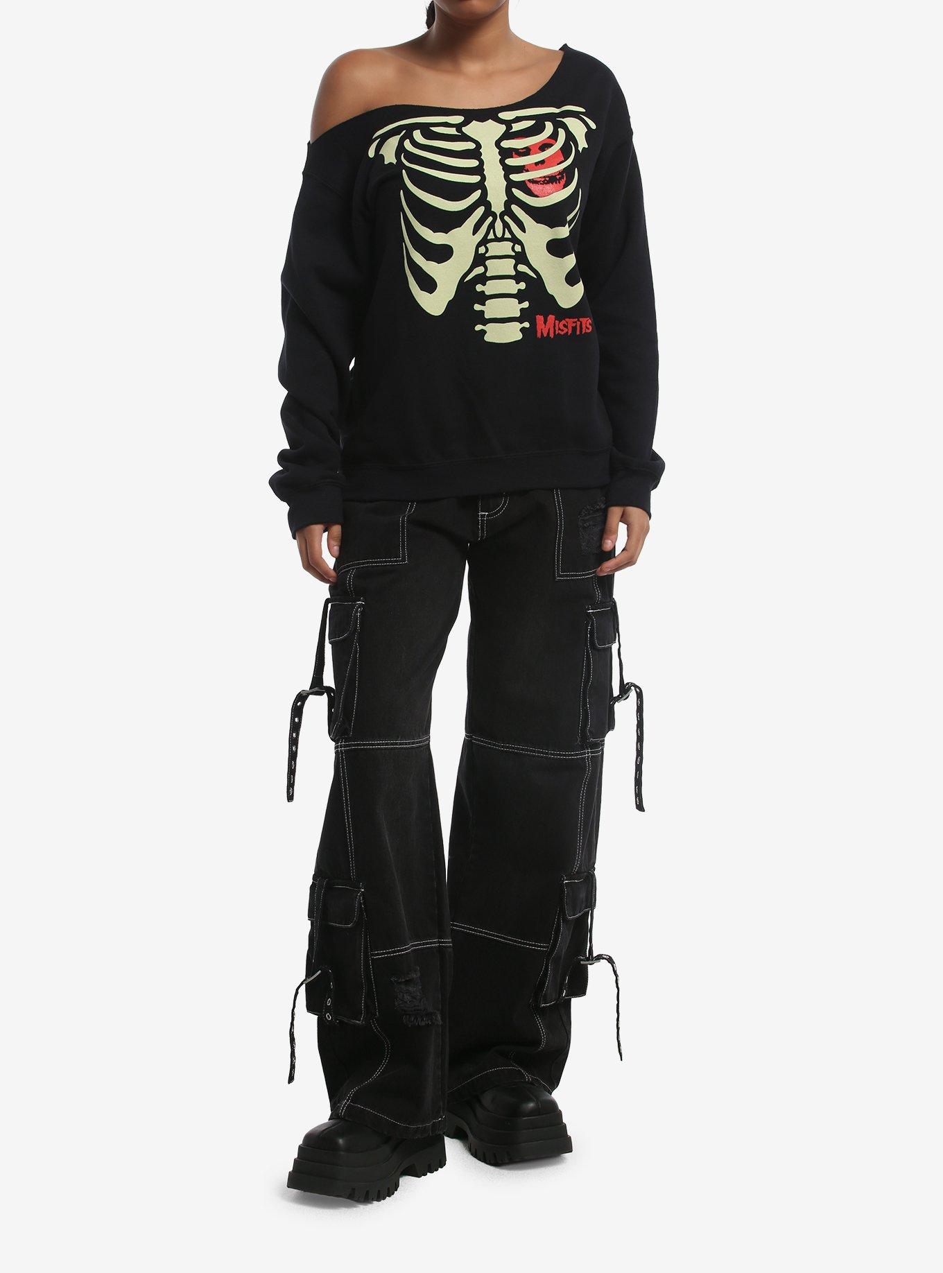 Misfits Rib Cage Heart Girls Off-Shoulder Sweatshirt, BLACK, alternate - view 2