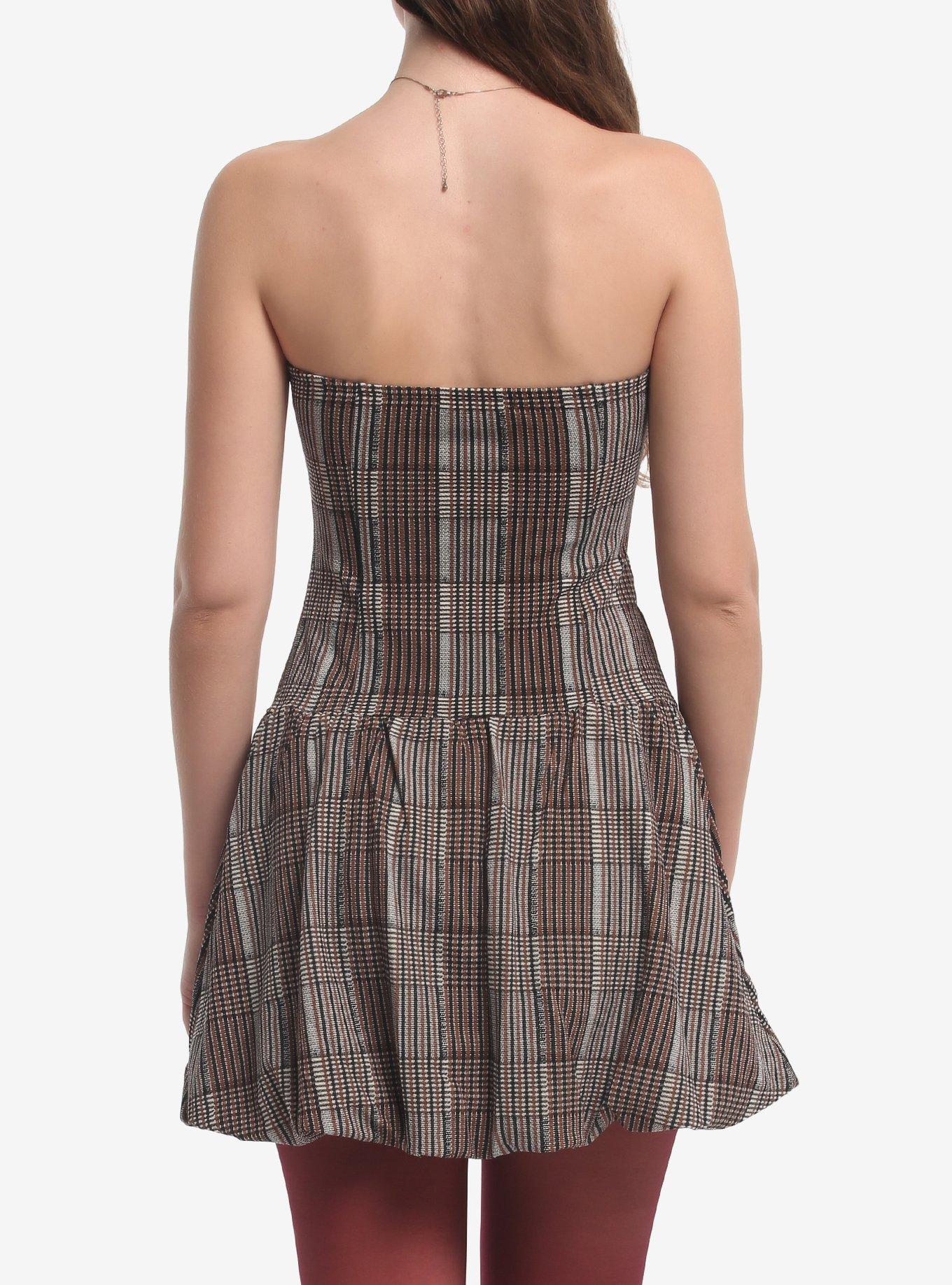 Brown Plaid Bubble Strapless Dress, MULTI, alternate - view 3